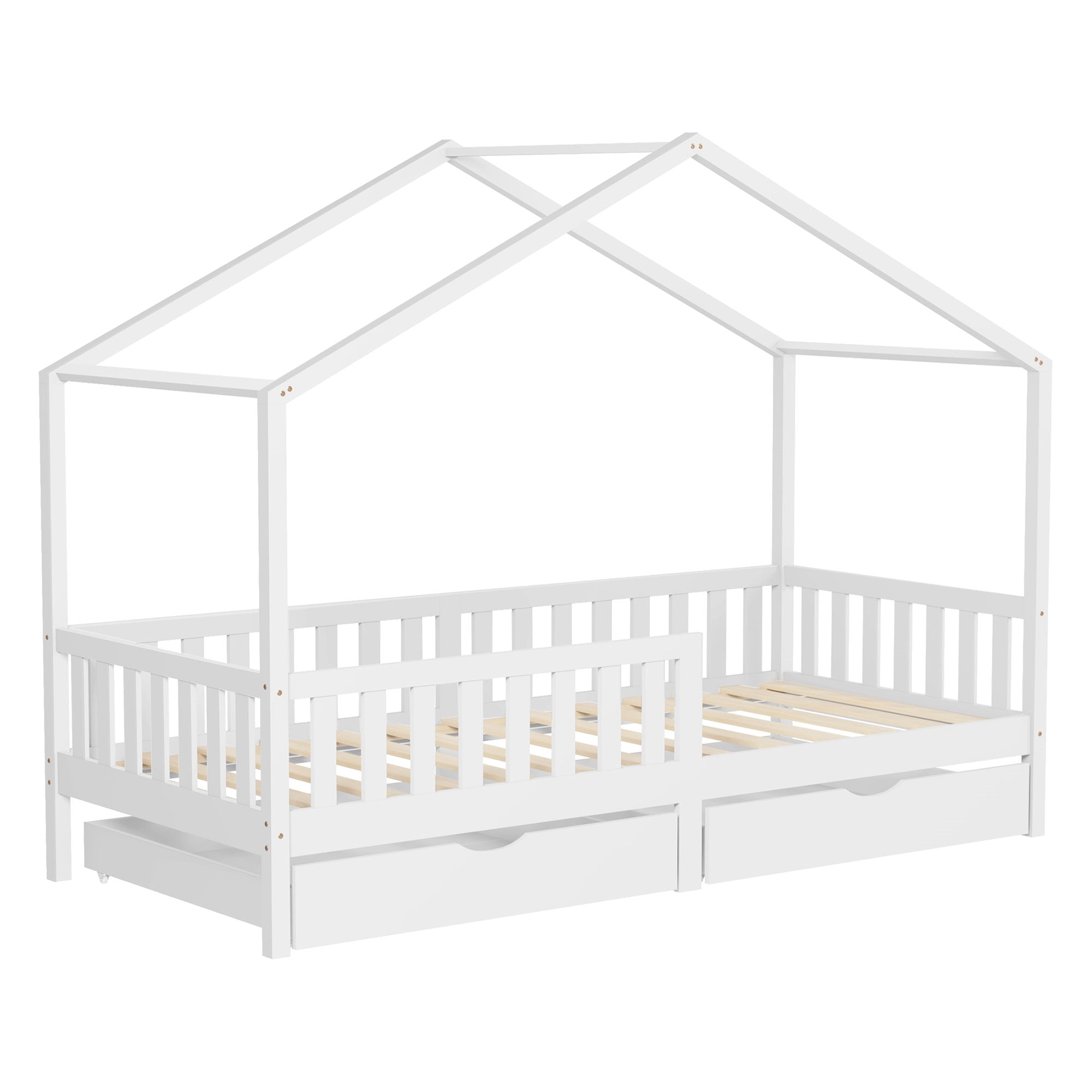 ECD Germany Kinder lit cabane 90x200 blanc 2 tiroirs pin