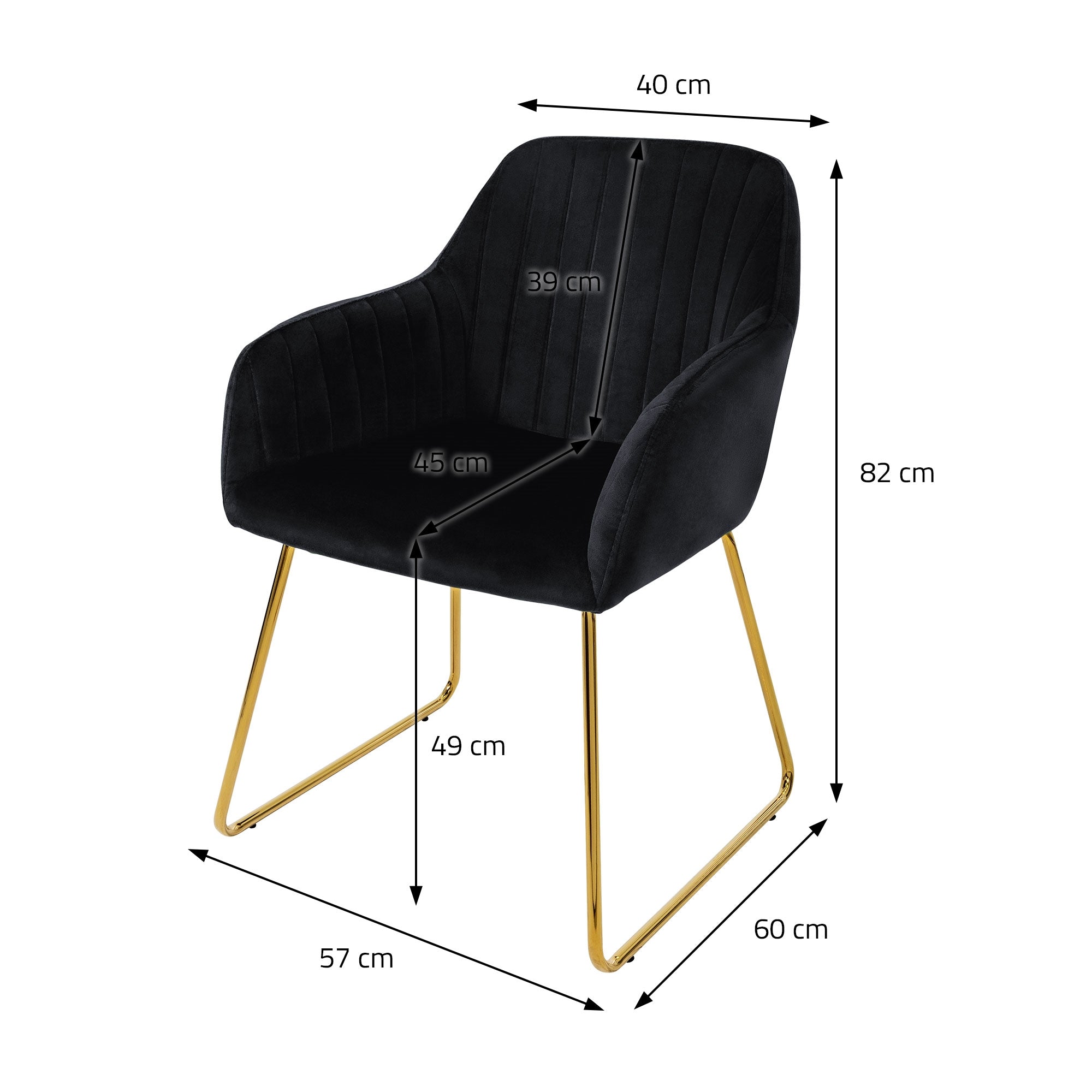 ECD Germany Chaise Velours Noir Accoudoirs Doré 6pcs