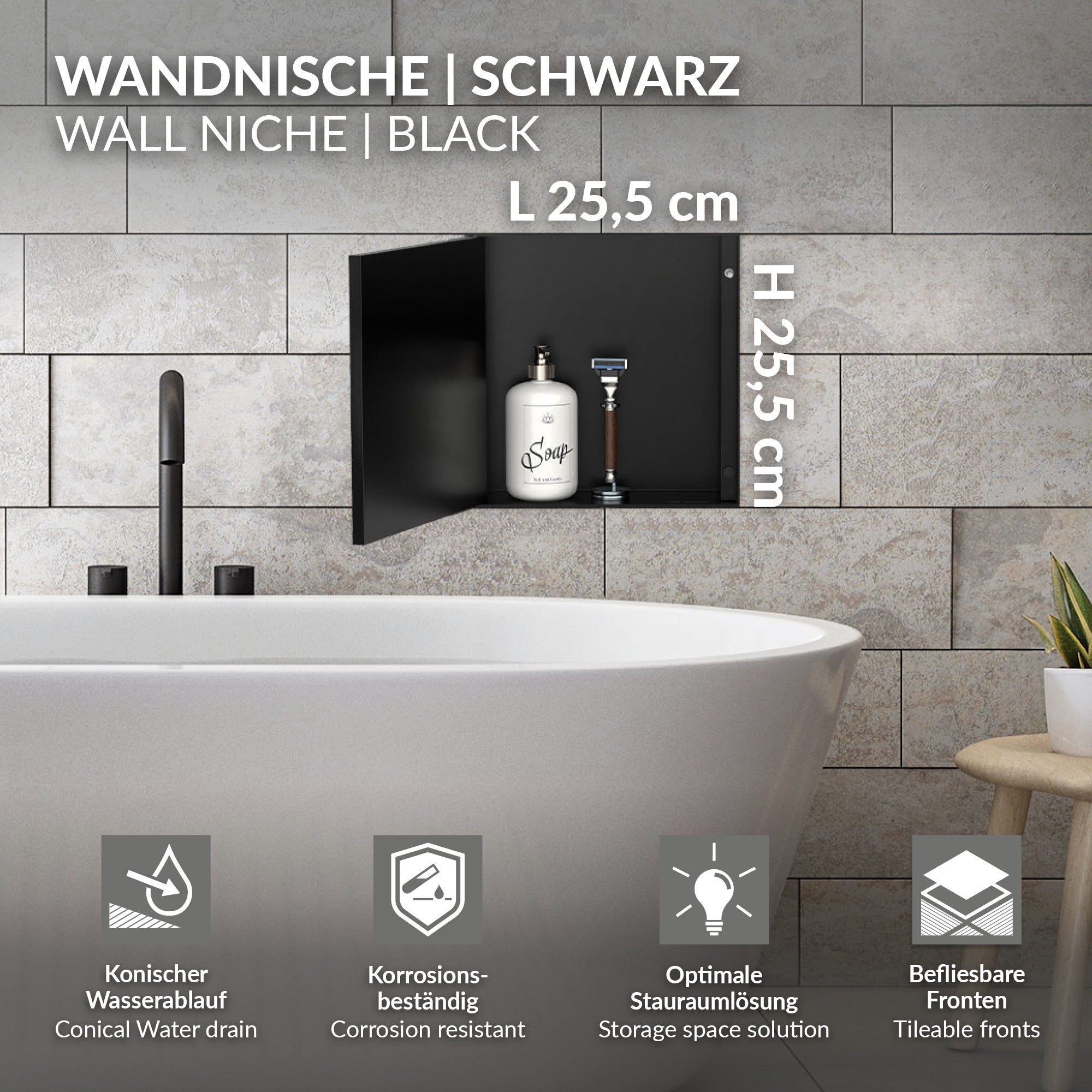 ECD Germany Sanitär niche de douche noire inox porte carrelable