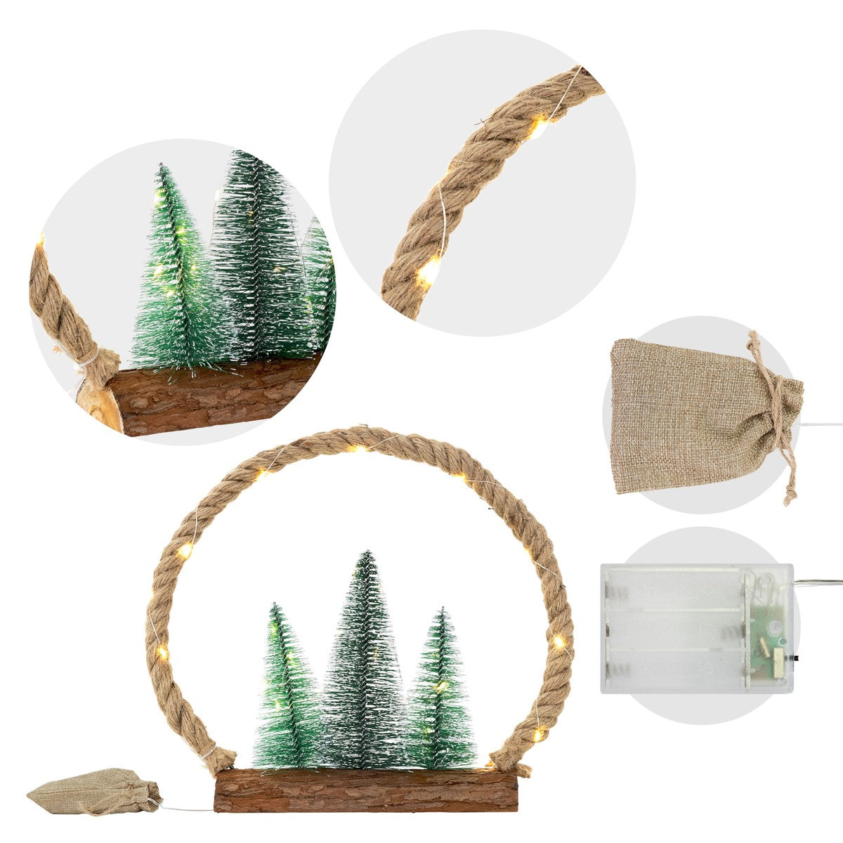 ECD Germany Haus Déco Noël Cercle Jute LED Blanc Chaud 30 cm