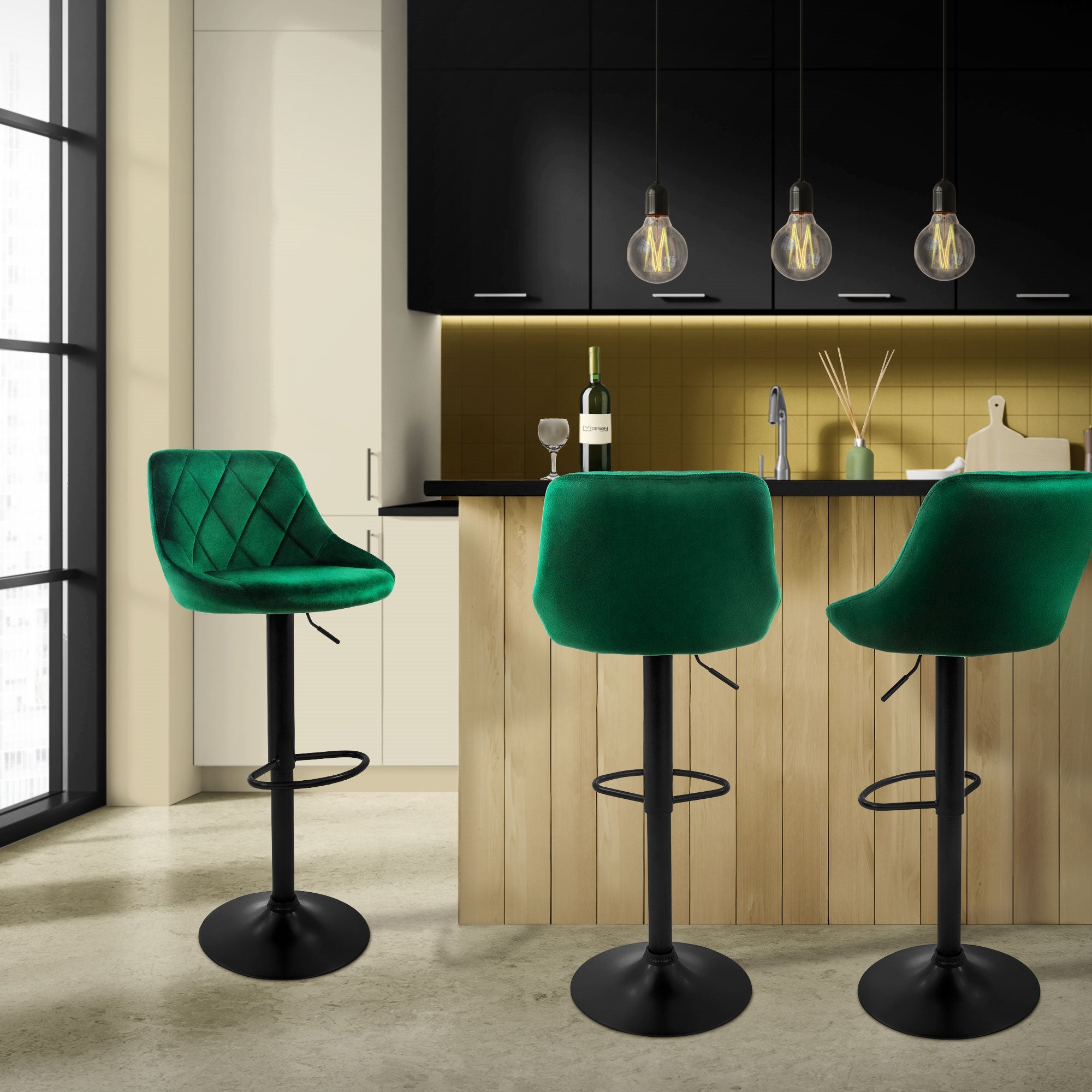 ECD Germany Möbel Lot 2 tabourets bar velours vert dossier 62-82 cm