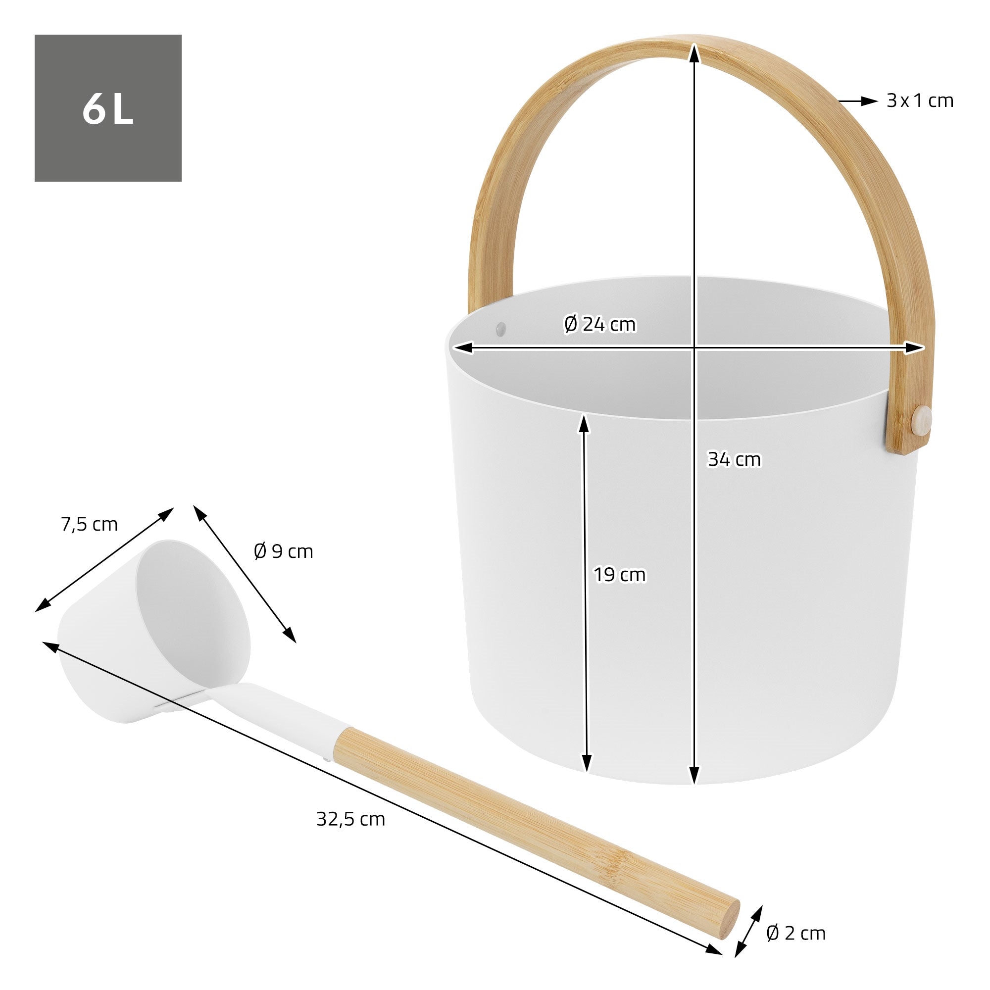 ECD Germany Haus Wohnen set sauna seau 6L blanc aluminium + louche