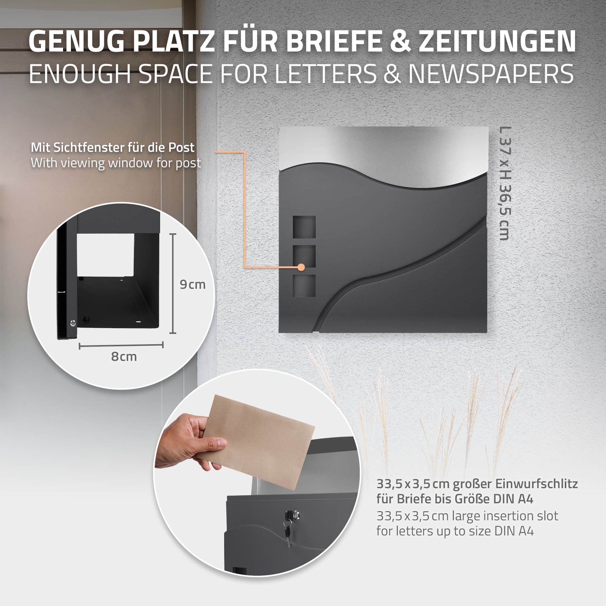 ECD Germany Bauen & Renovieren boîte aux lettres 37 cm anthracite inox