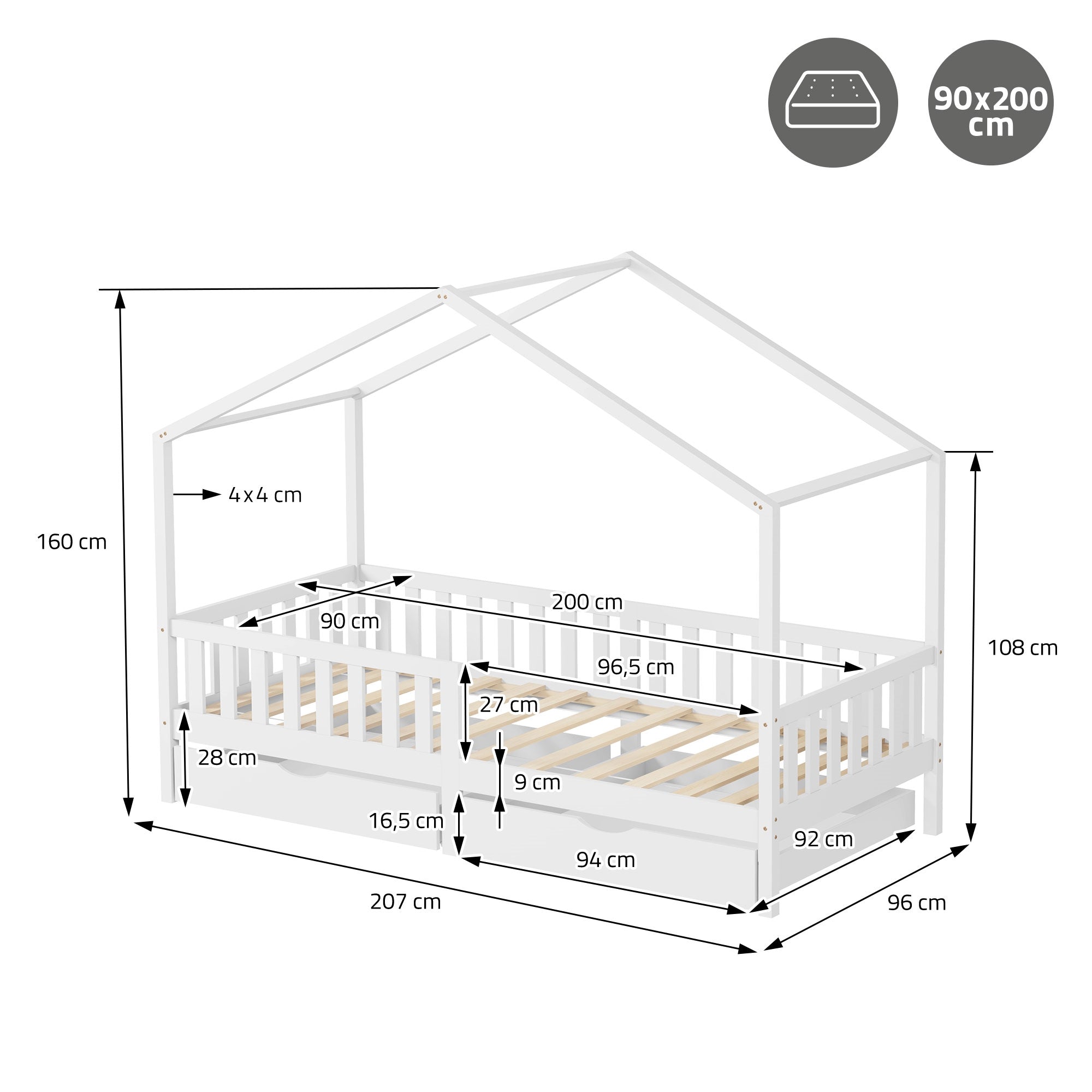 ECD Germany Kinder lit cabane 90x200 blanc 2 tiroirs pin