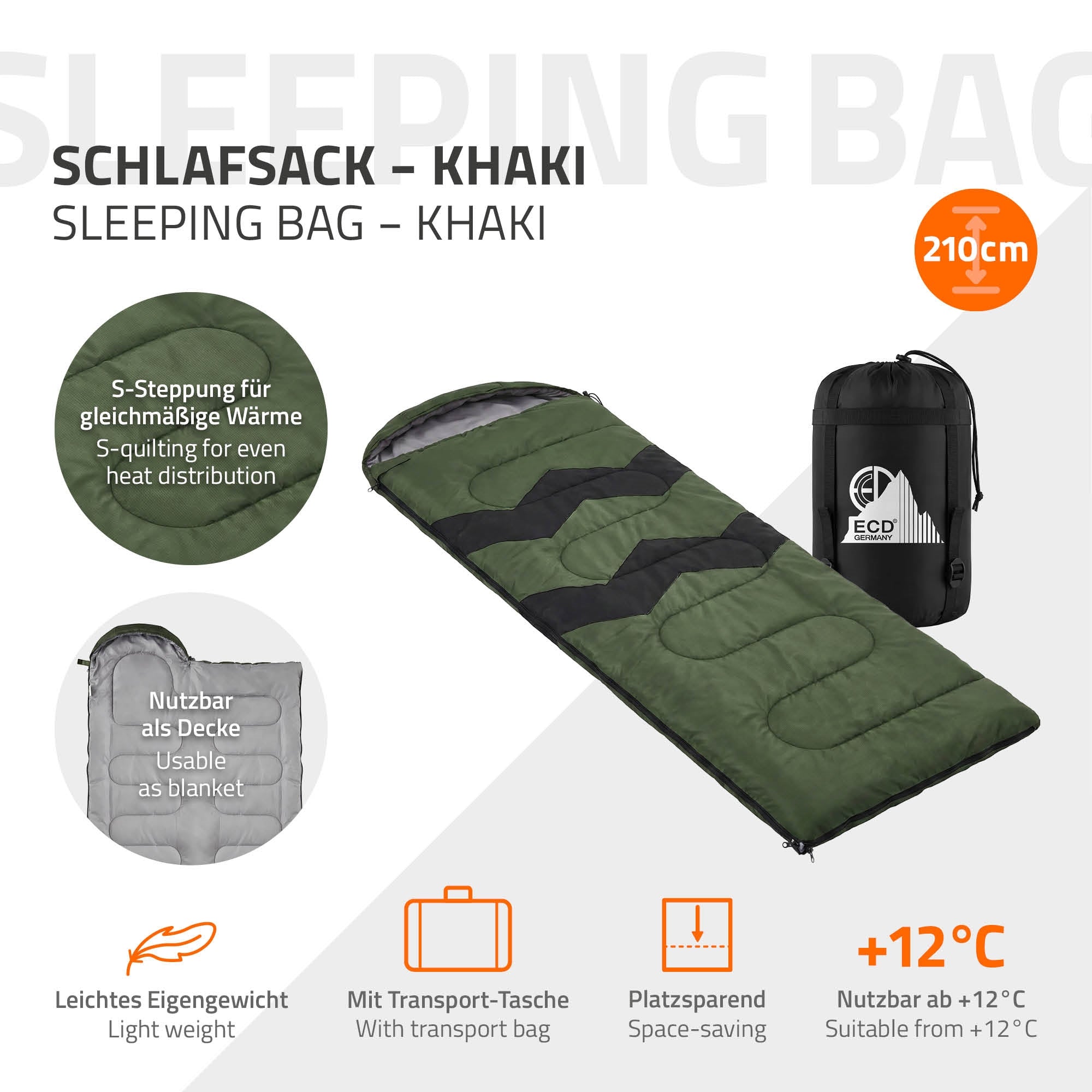 ECD Germany 210 cm sac de couchage kaki 3 saisons déperlant