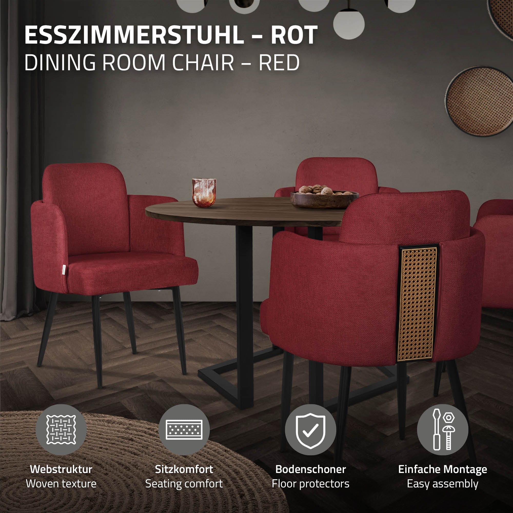 ECD Germany chaise salle à manger rouge accoudoirs pieds métal