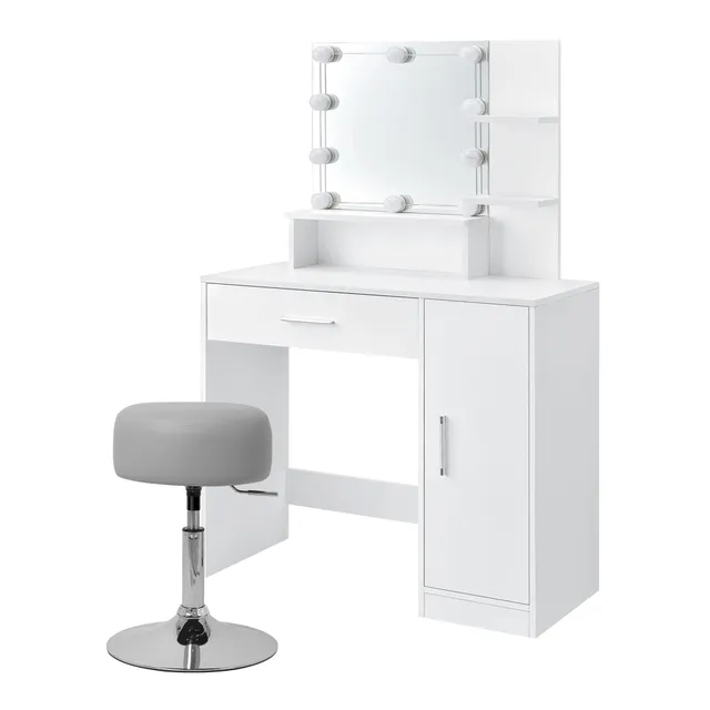 ML-Design Coiffeuse blanche LED 90 cm avec miroir et armoire