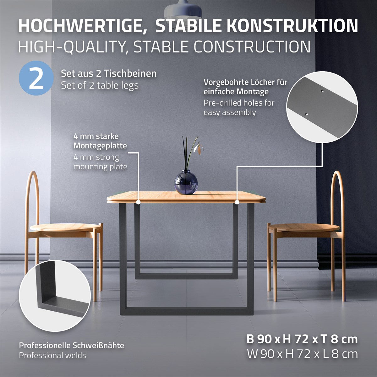 ECD Germany Möbel pied de table acier U lot de 2 noir 70x72 cm