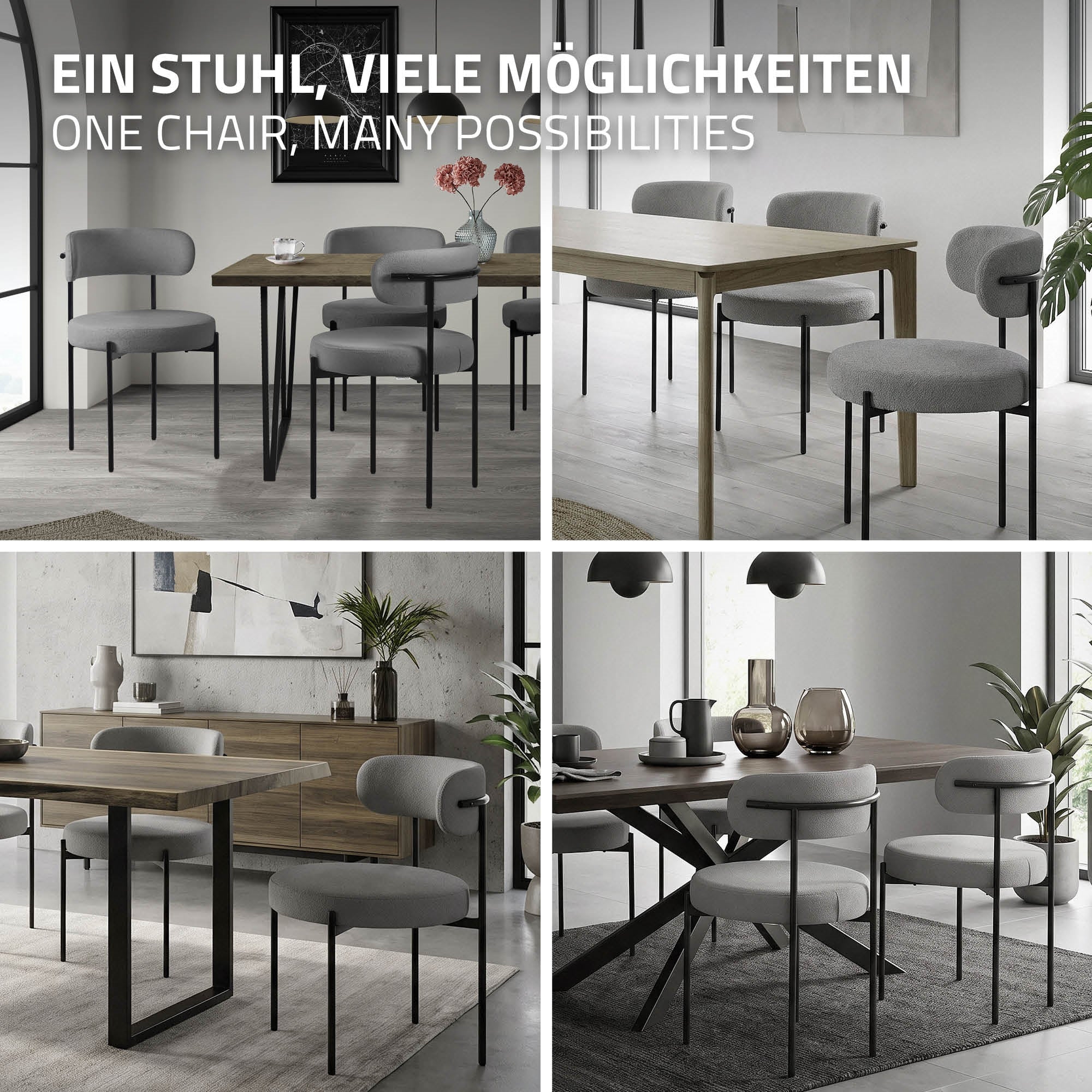 ECD Germany ML-Design lot 2 chaises bouclé gris dossier rond