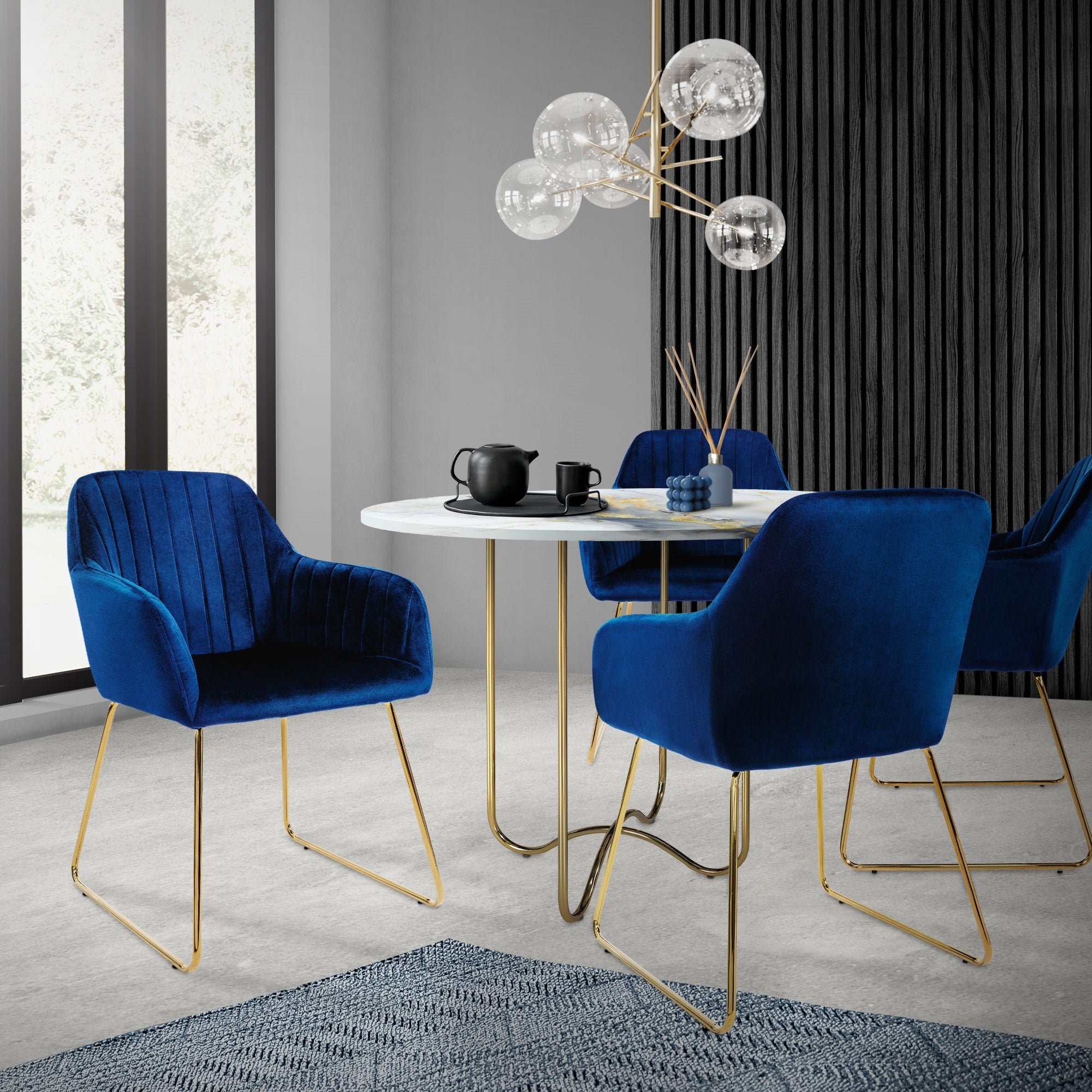 ECD Germany Chaise salle à manger velours bleu pieds dorés 6 pièces