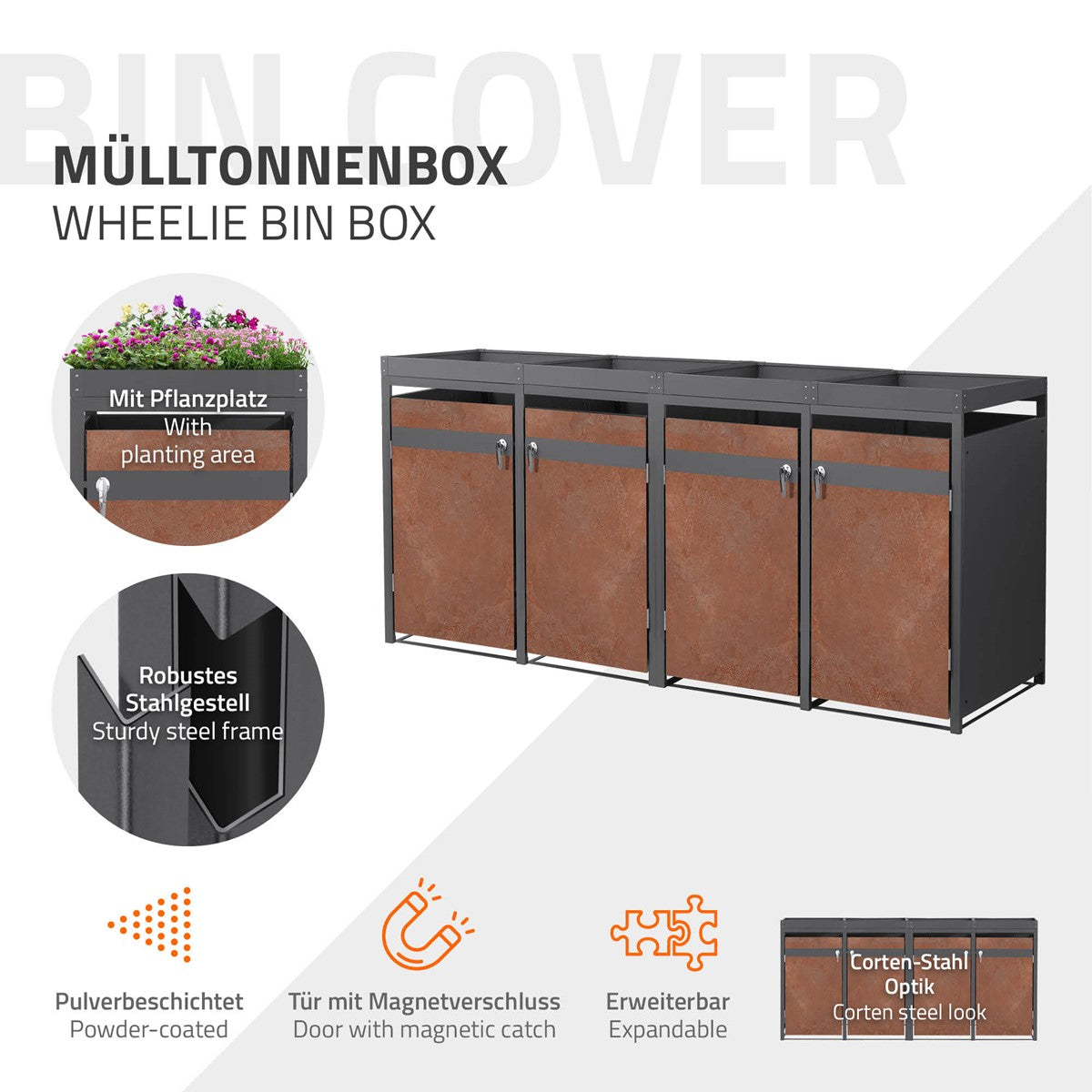 ECD Germany Garten cache-poubelles 4x240L rouille 264 cm