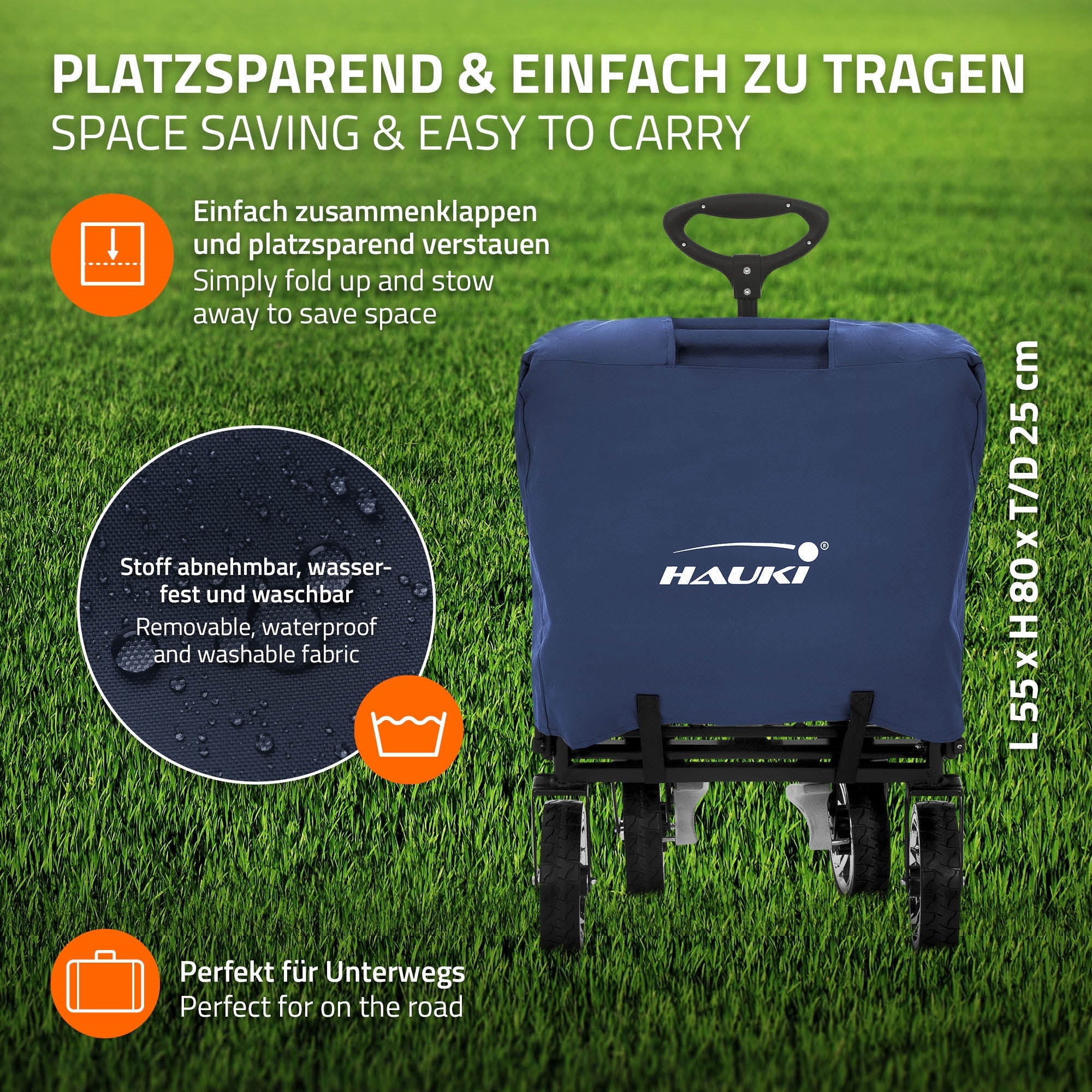 Hauki chariot pliable avec toit bleu/gris 120 kg + sac