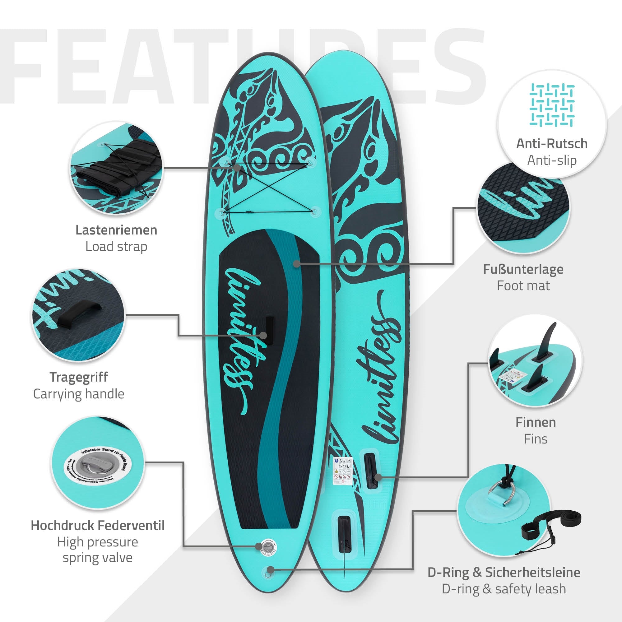 ECD Germany Limitless 308 SUP gonflable turquoise + pompe