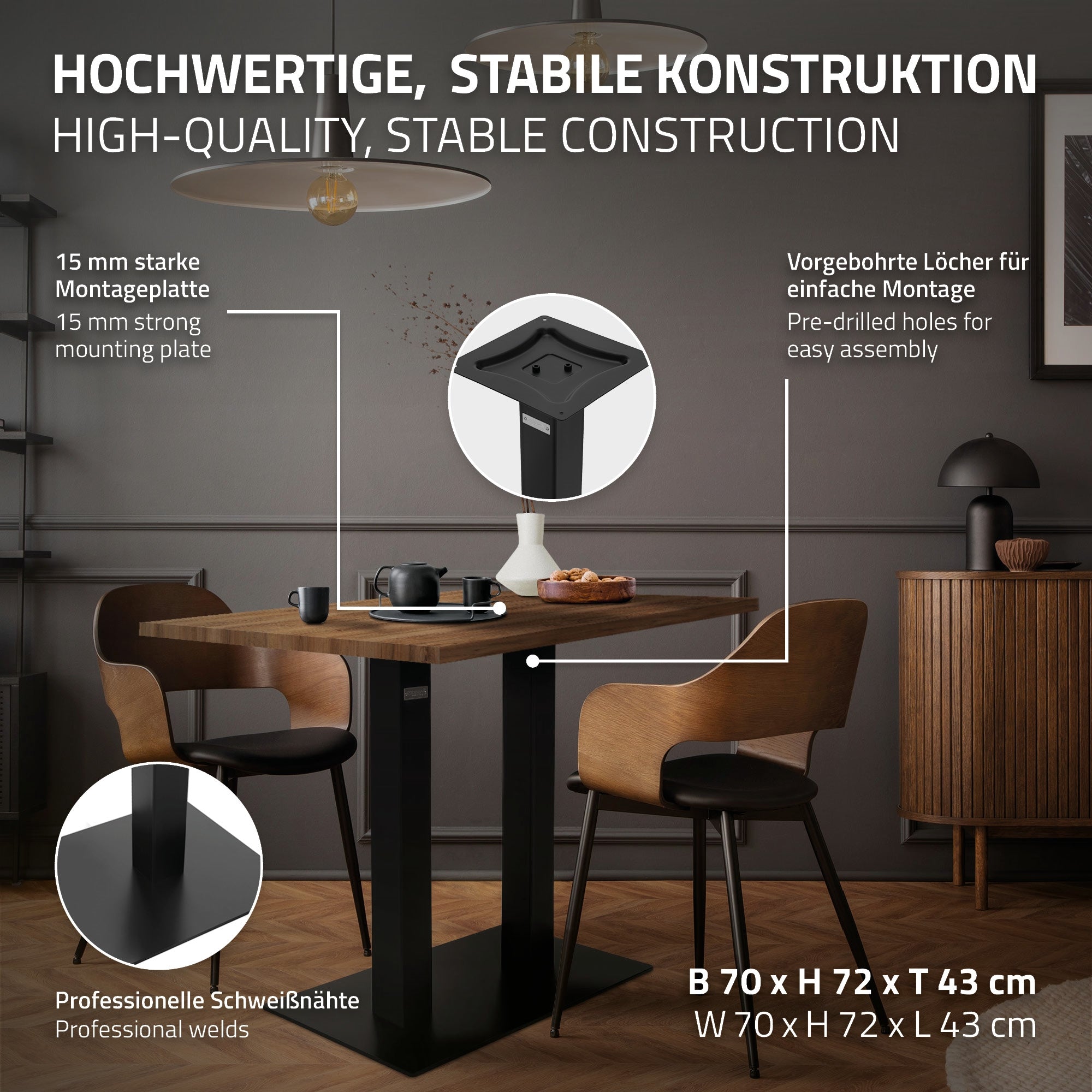 ECD Germany Möbel Double pied de table noir 72 cm acier