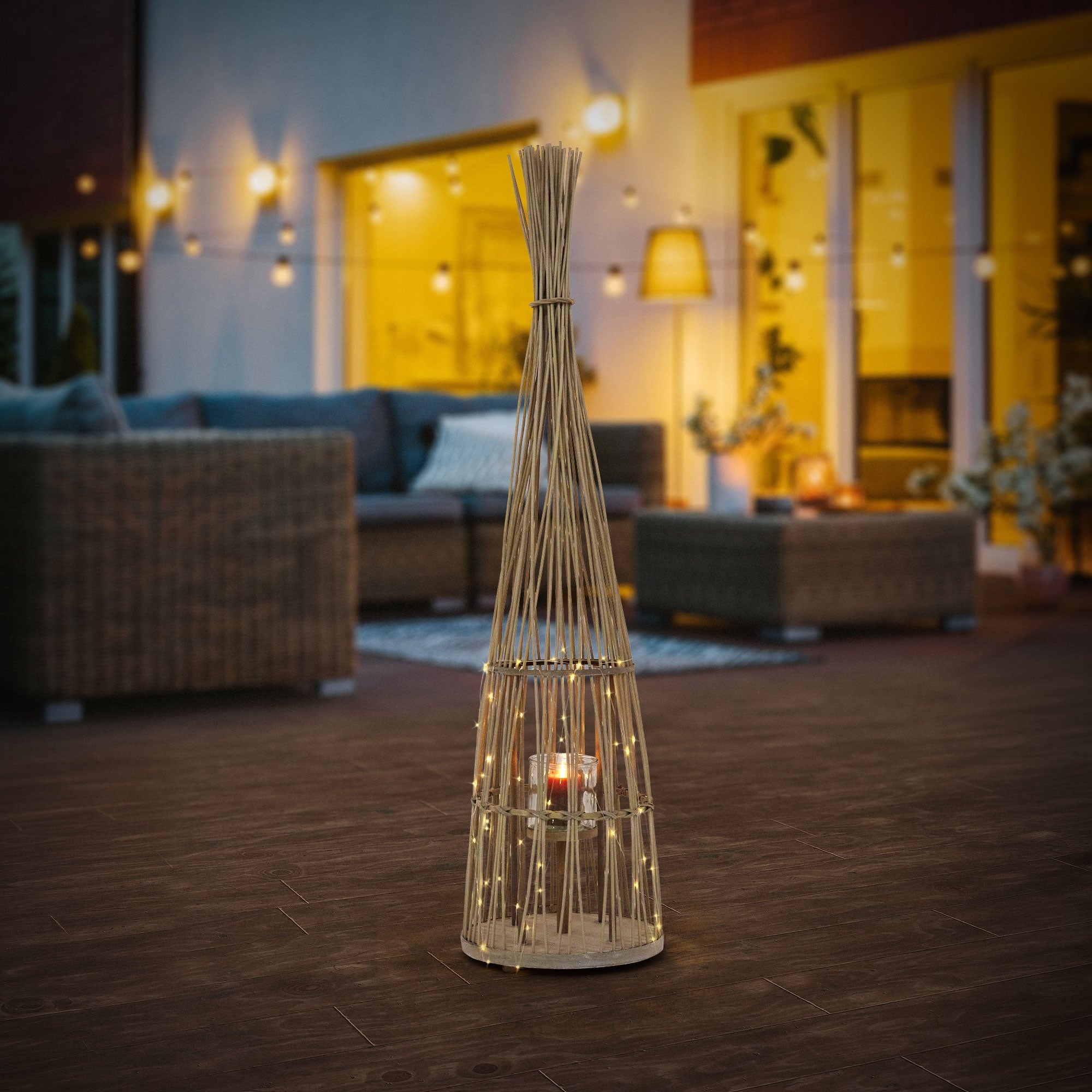 ECD Germany Garten lanterne bambou 132 cm avec verre et guirlande LED