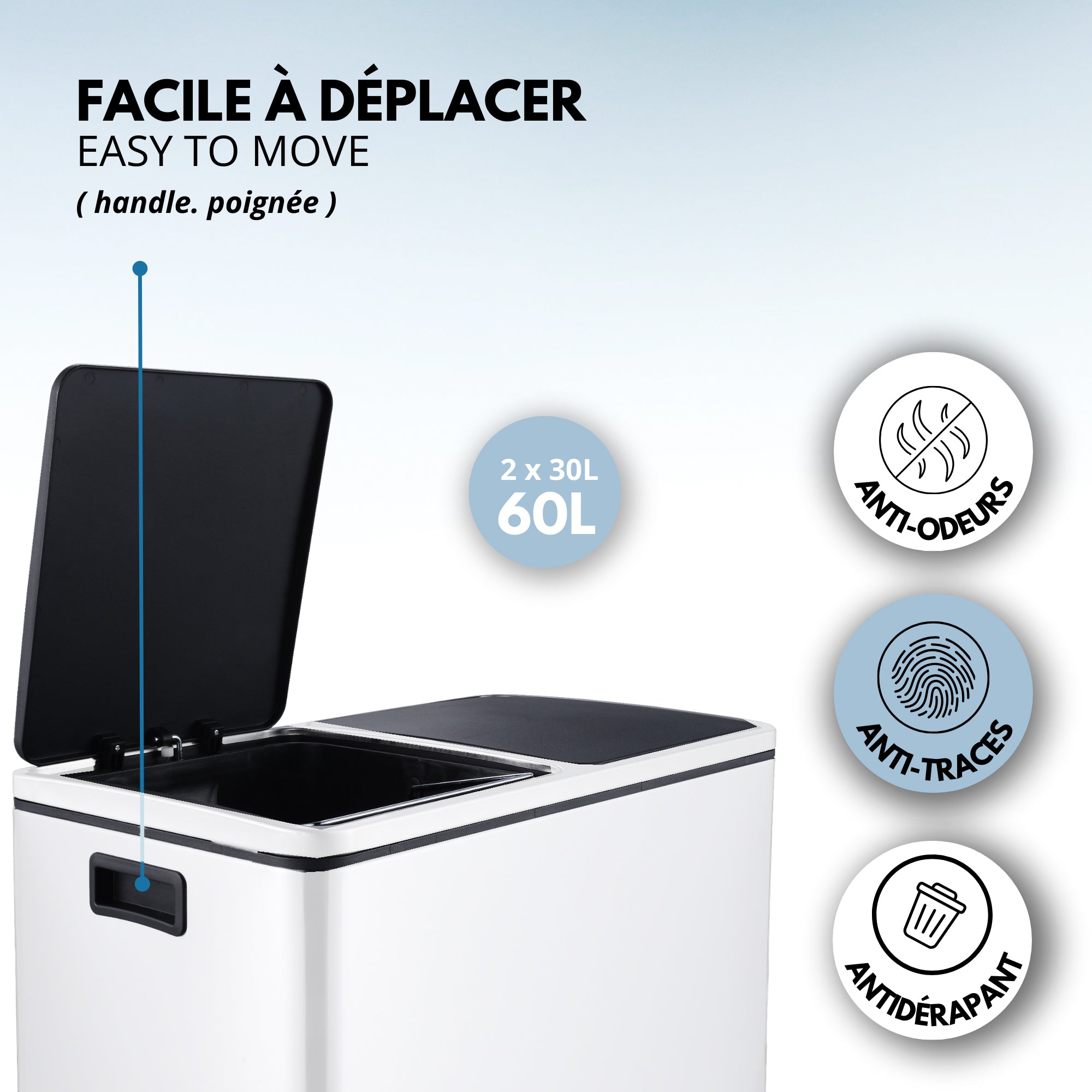Red Deco Major poubelle cuisine 60L 2x30L blanc mat