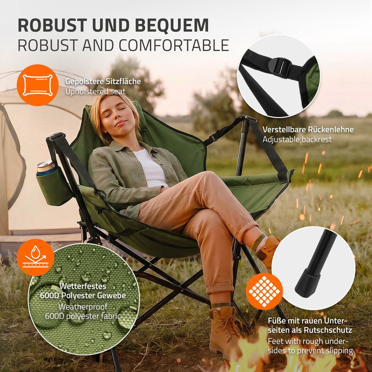 ECD Germany Sport Fauteuil camping pliant kaki acier porte-gobelet