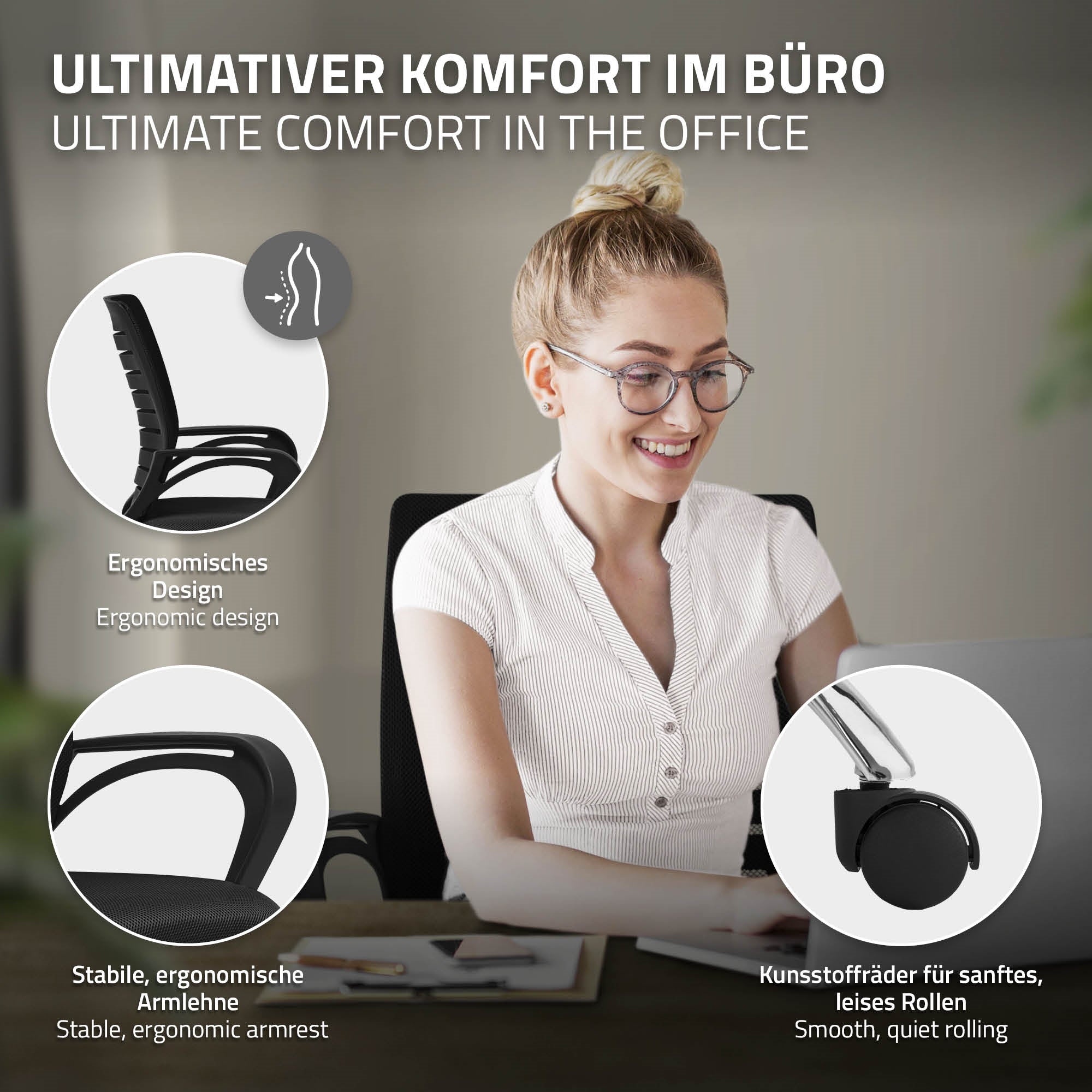 ECD Germany ML-Design chaise bureau ergonomique noir à roulettes