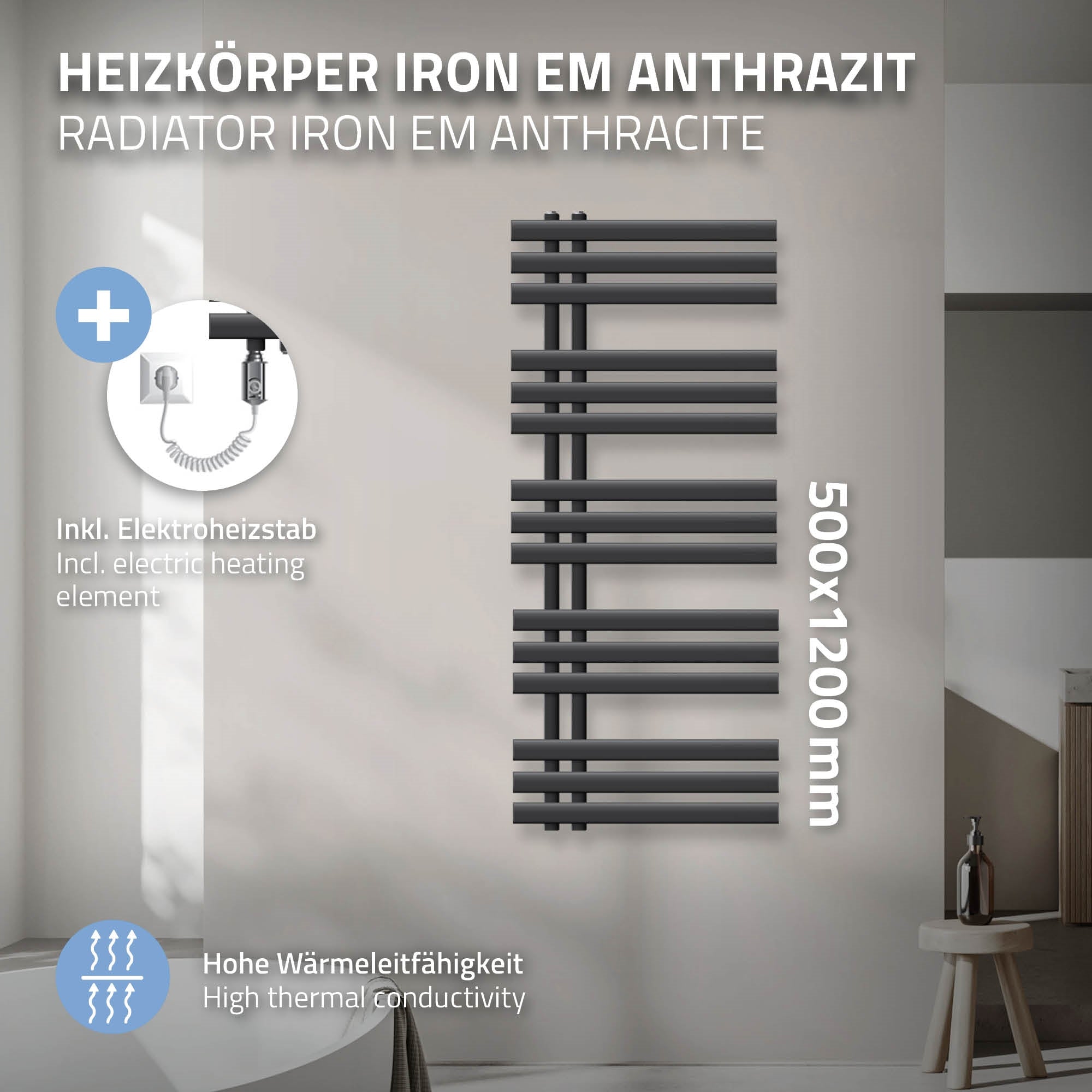 ECD Germany sèche-serviettes électrique 500x1200 anthracite 900W