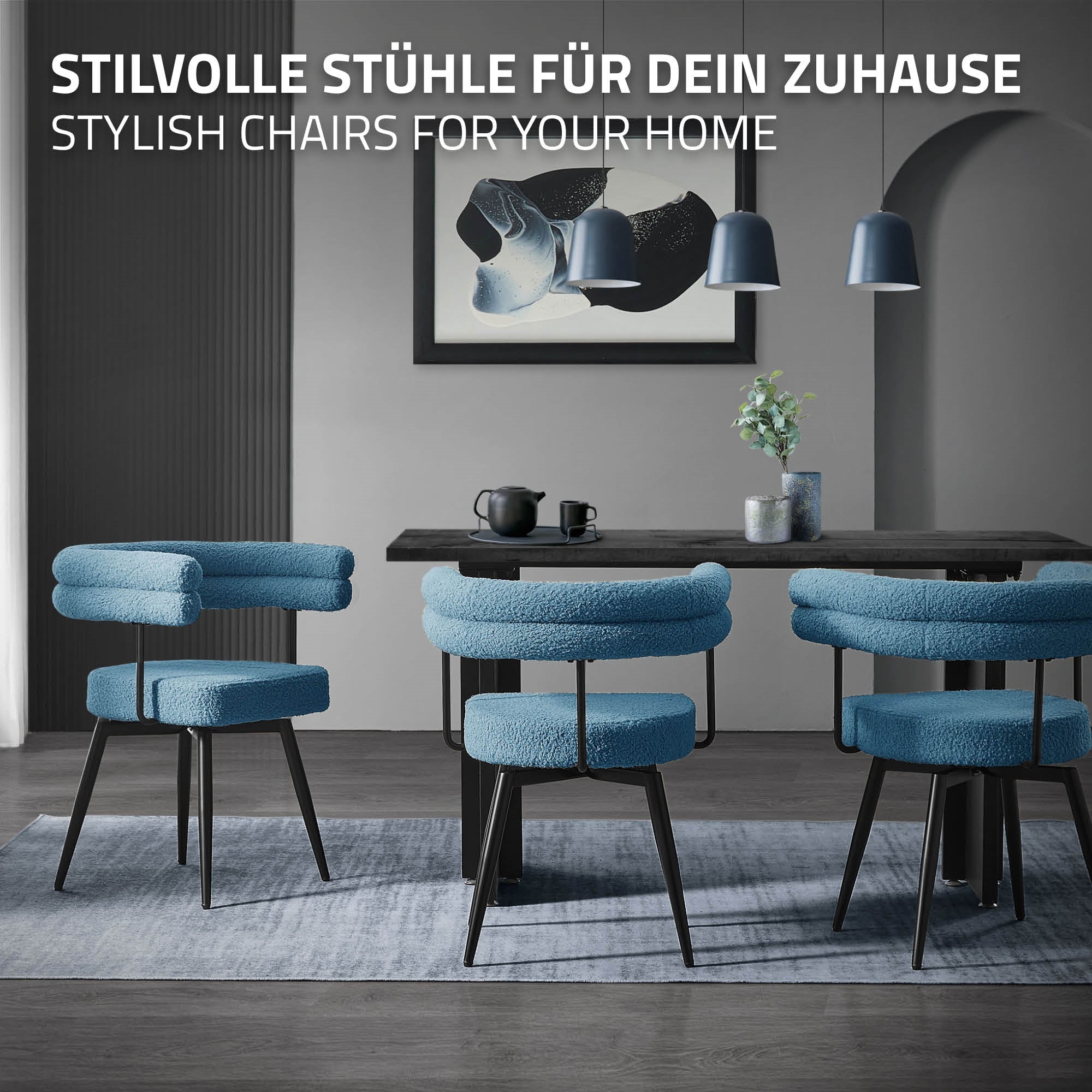ECD Germany Möbel Chaise salle à manger bleu lot 4 teddy