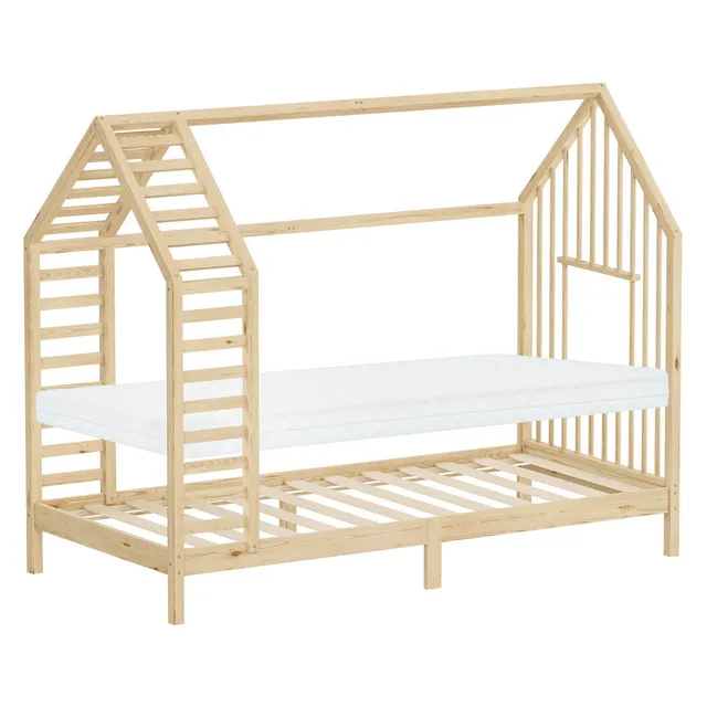 ECD Germany Kinder lit cabane 90x200 naturel matelas 10cm