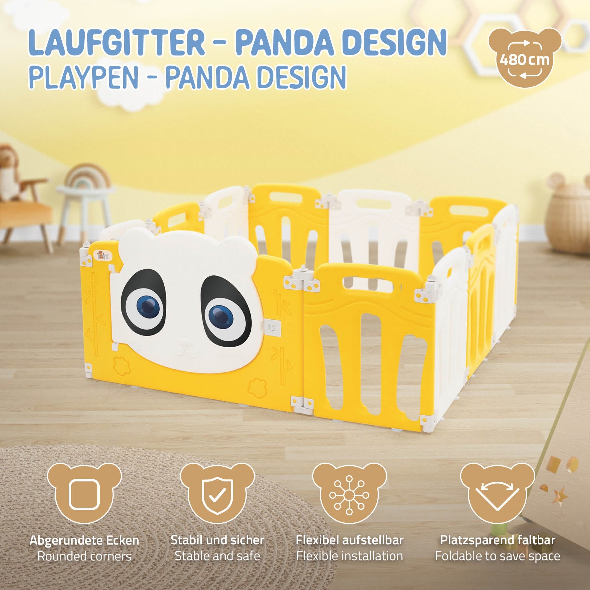 ECD Germany Joyz parc bébé pliable blanc jaune panda 120x120 cm