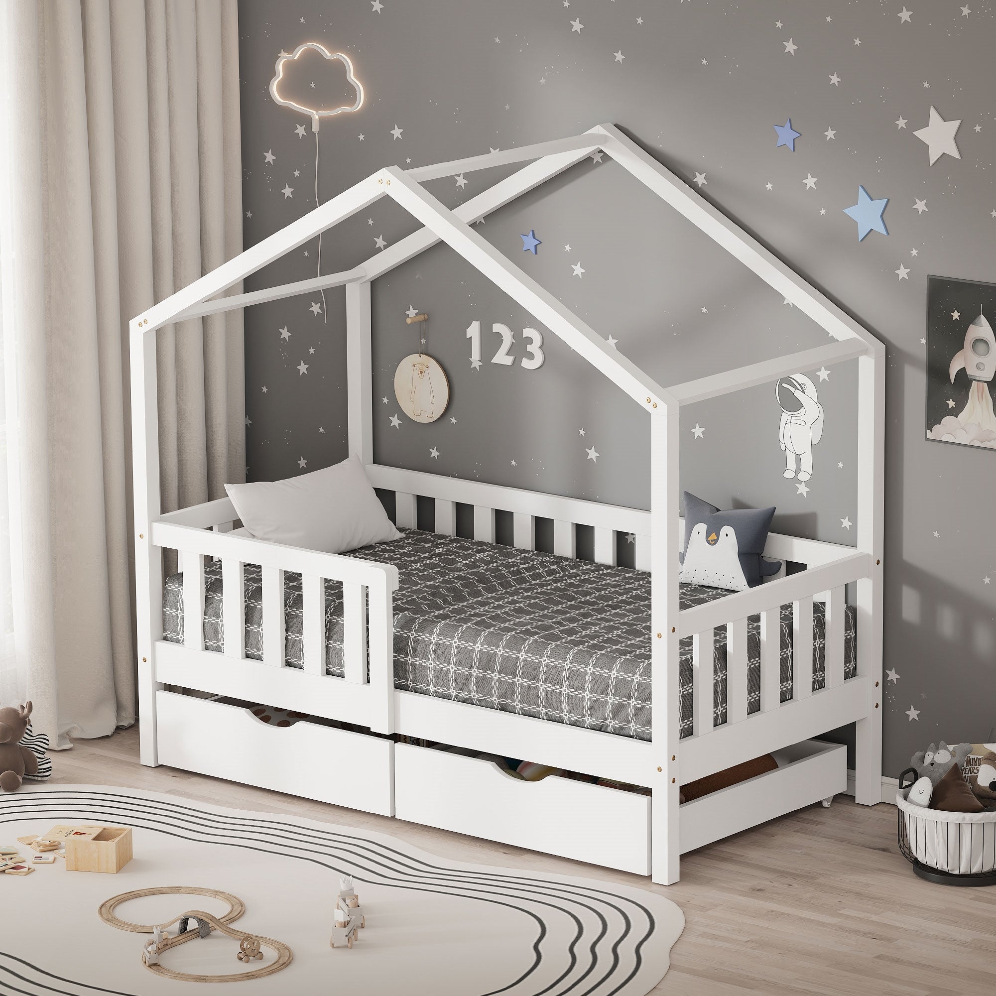 ECD Germany Kinder Lit cabane 70x140 blanc pin 2 tiroirs sans matelas