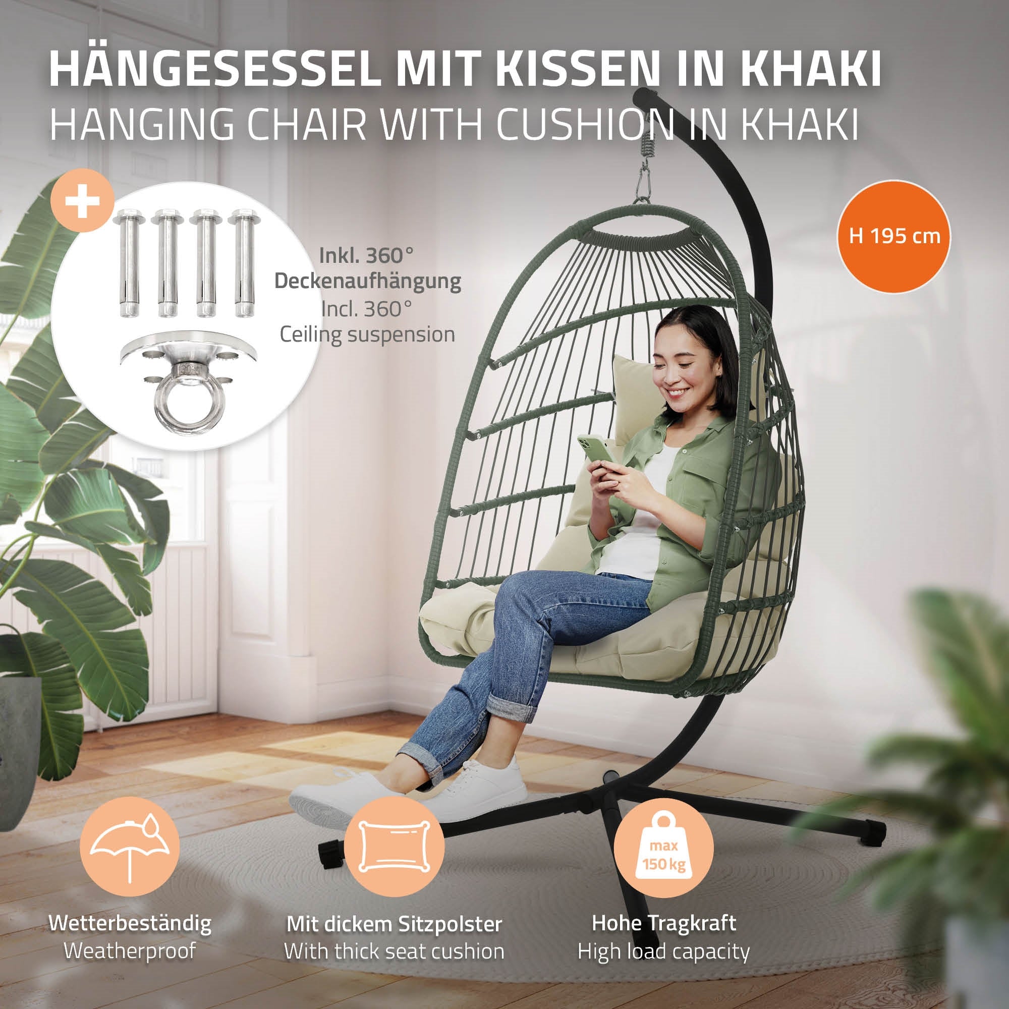 ECD Germany Fauteuil suspendu polyester gris foncé 100x105x195 coussin