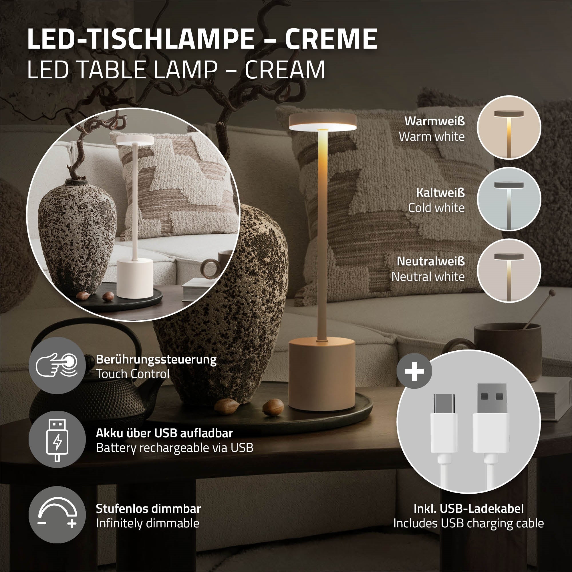 ECD Haus Wohnen ML lampe table sans fil crème 34,5cm