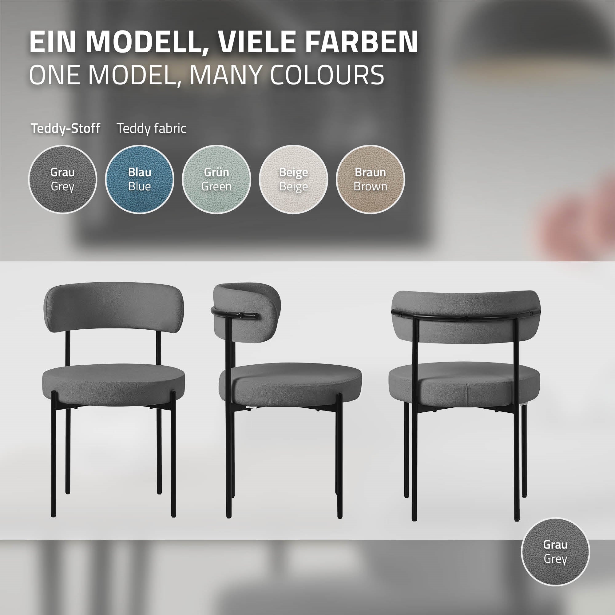 ECD Germany Möbel chaise teddy gris lot de 6 avec dossier