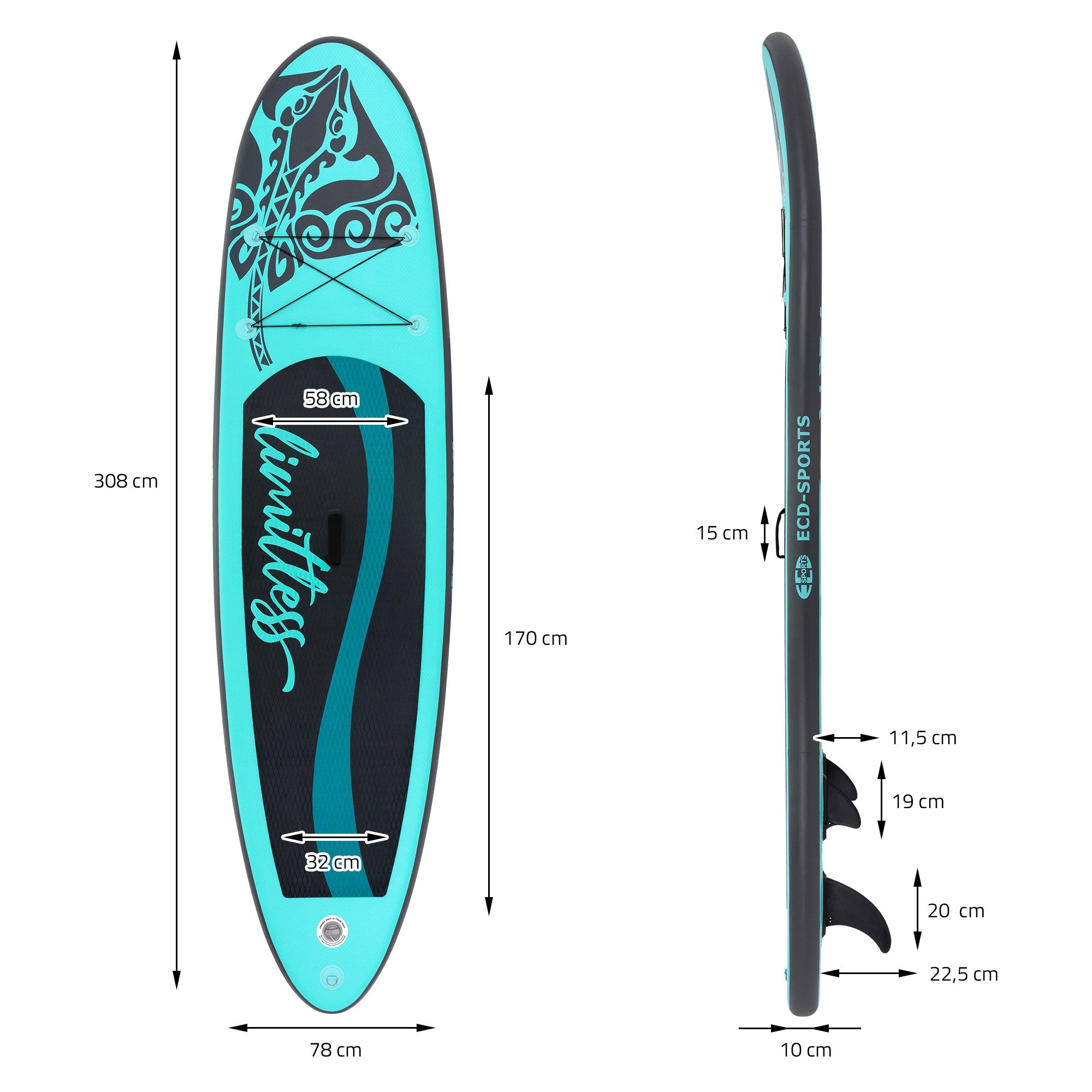 ECD Germany Limitless 308 SUP gonflable turquoise + pompe