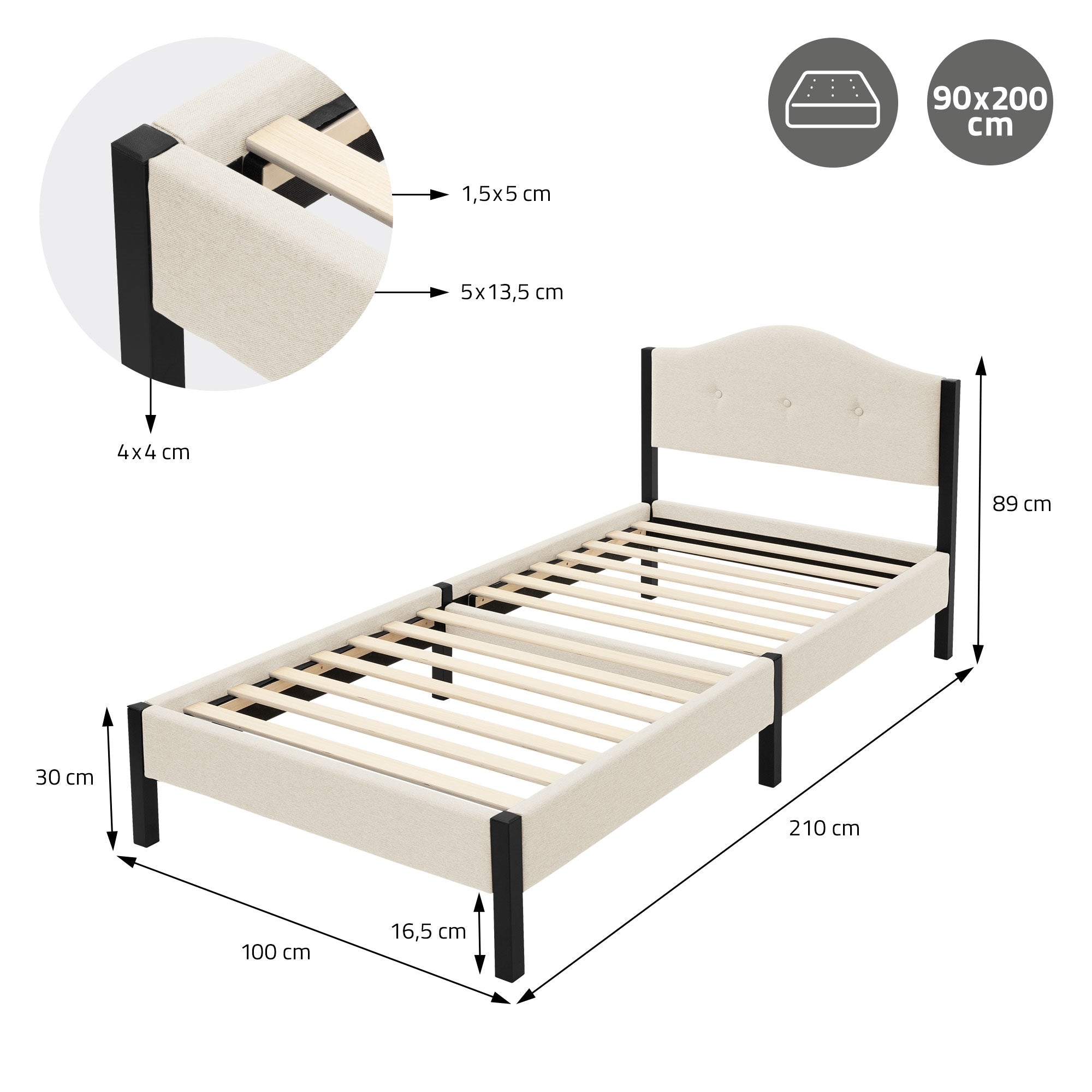 ECD Germany Möbel ML-Design Lit capitonné 90x200 beige lattes