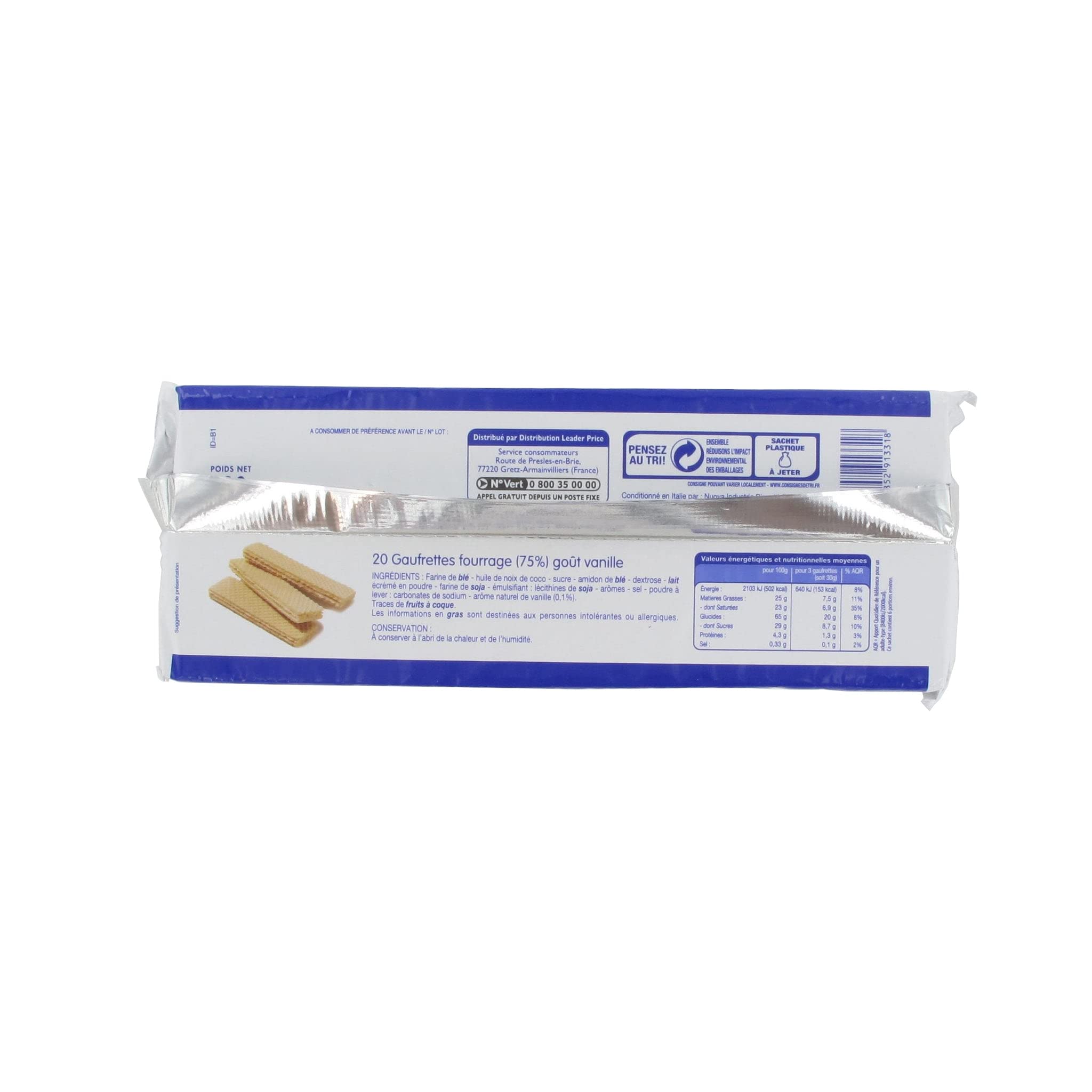 Leader Price gaufrettes fourrées vanille x20 200g