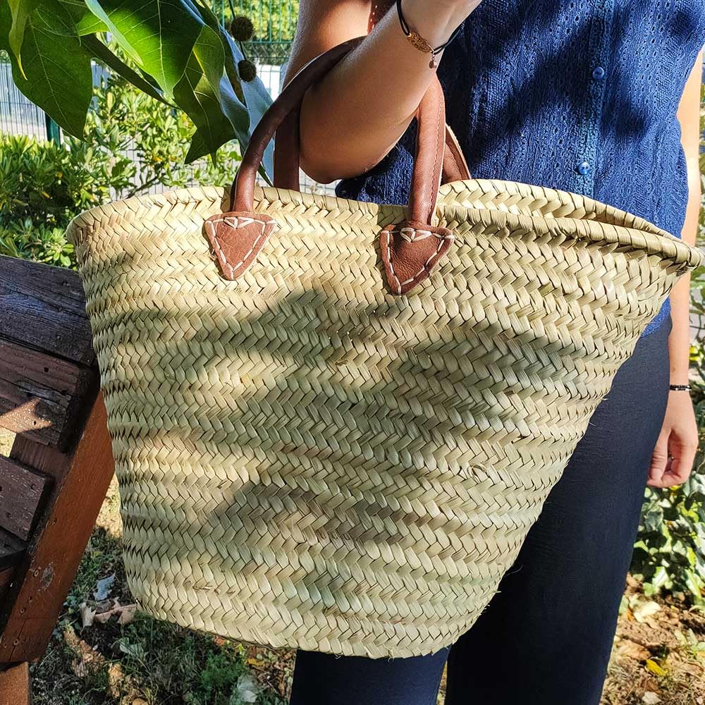 Shop-Story Lifestyle Panier Plage Palmier Cabas Paille Cuir Beige 53cm