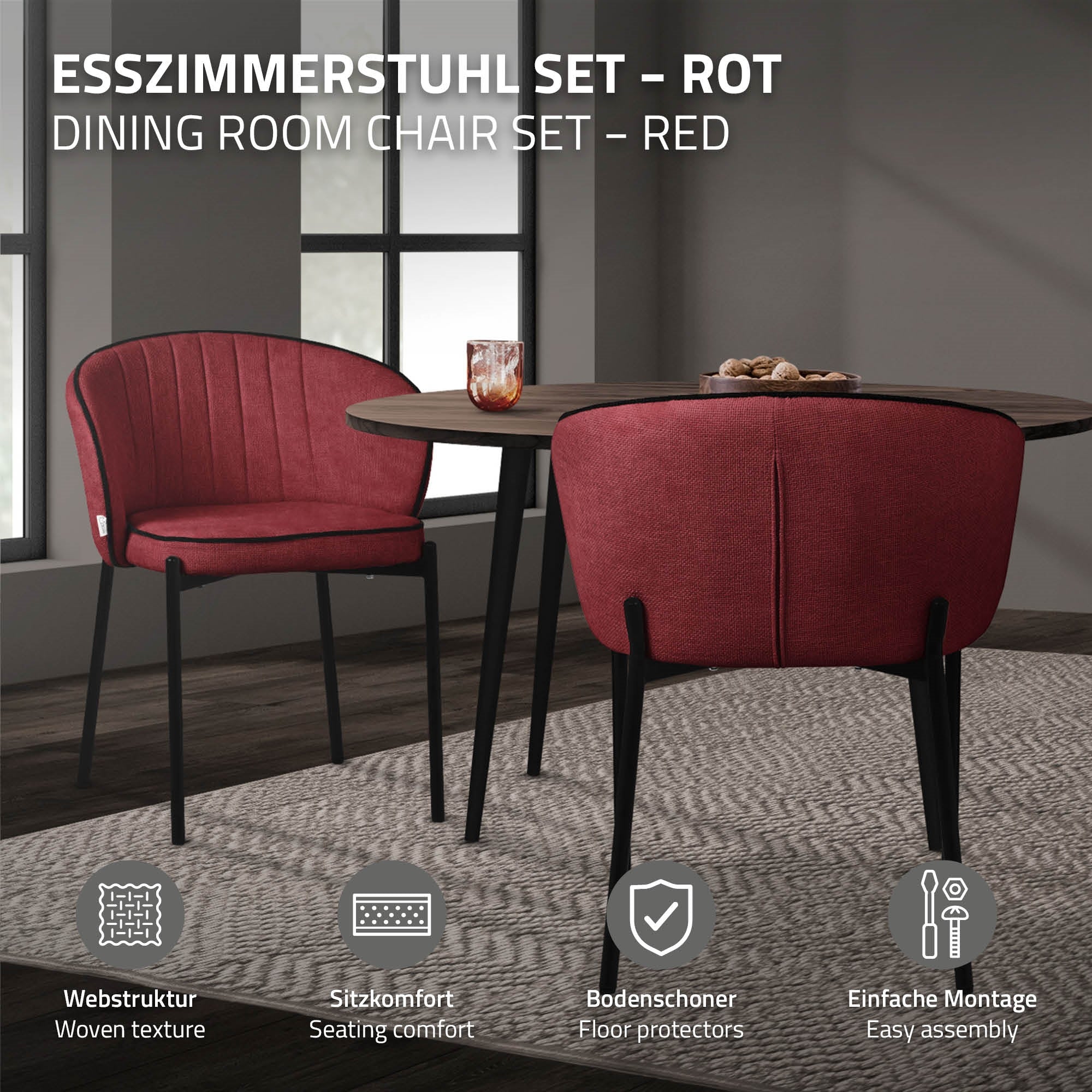 ML-Design chaise salle à manger rouge lot 6 dossier accoudoirs