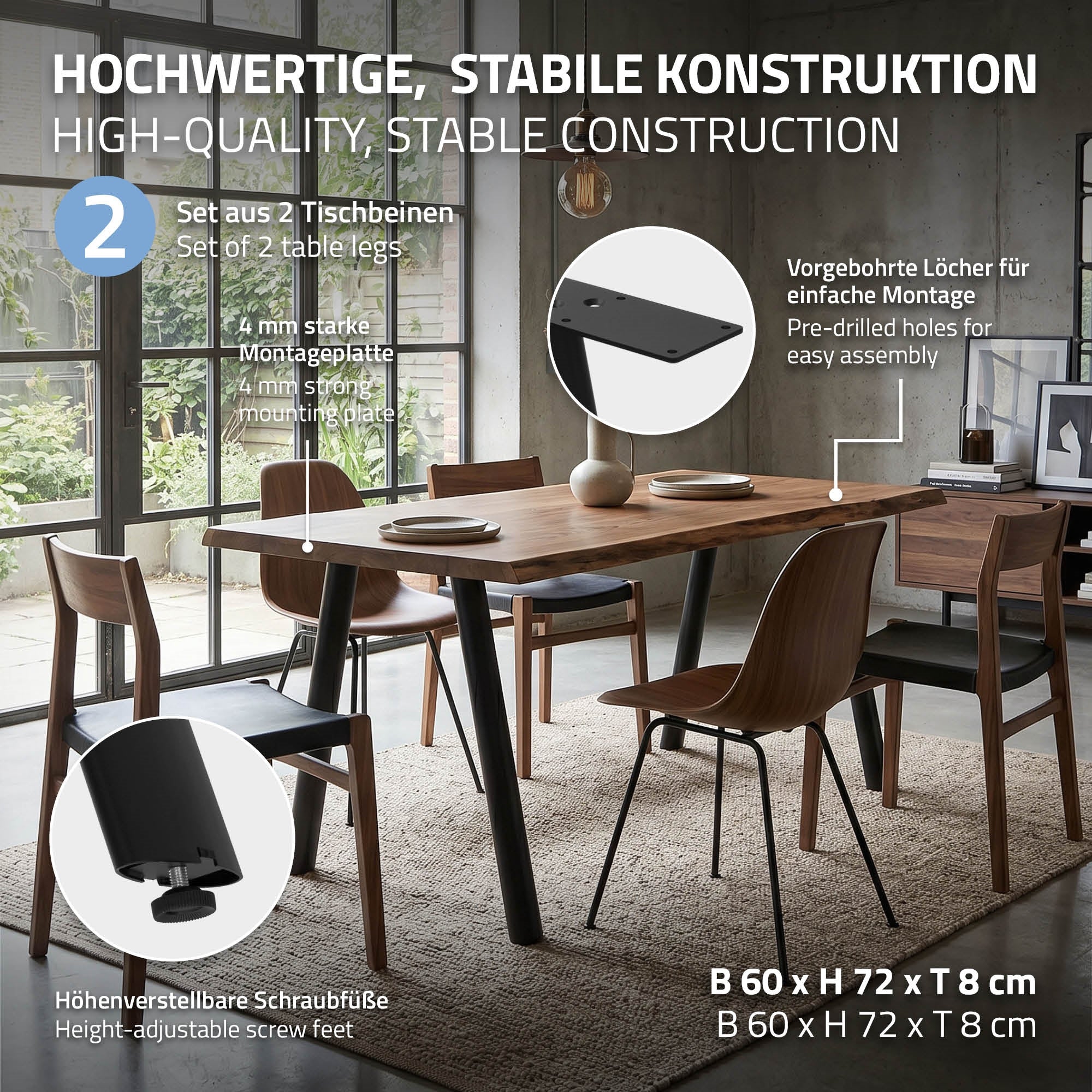 ECD Germany Möbel ML-Design pieds table A 60x72 noir lot 2