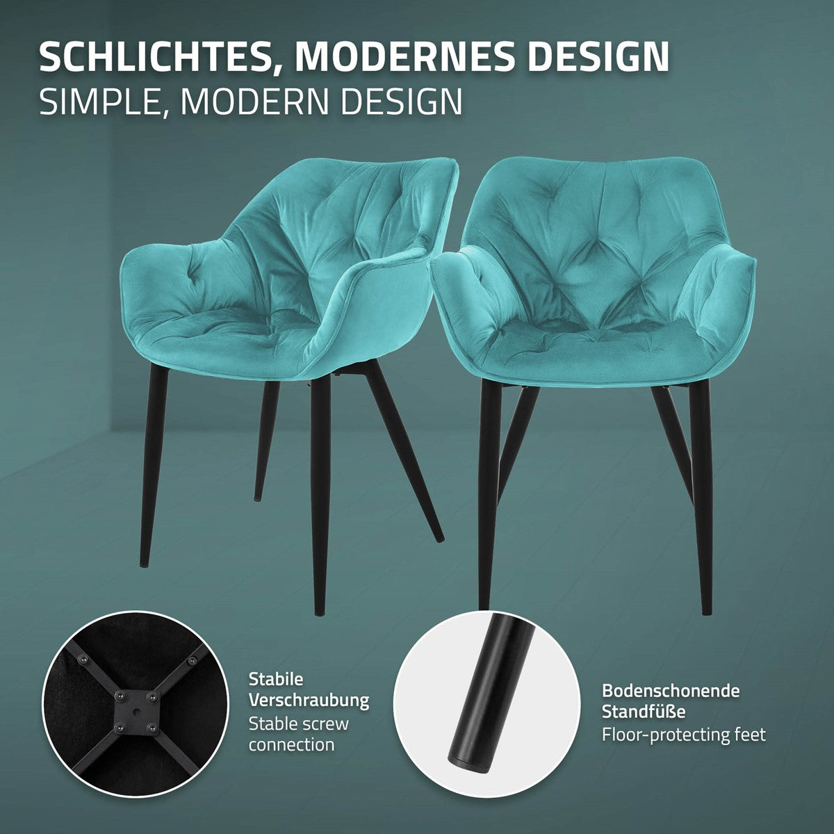 ECD Germany Möbel Chaise salle à manger velours pétrole lot de 6