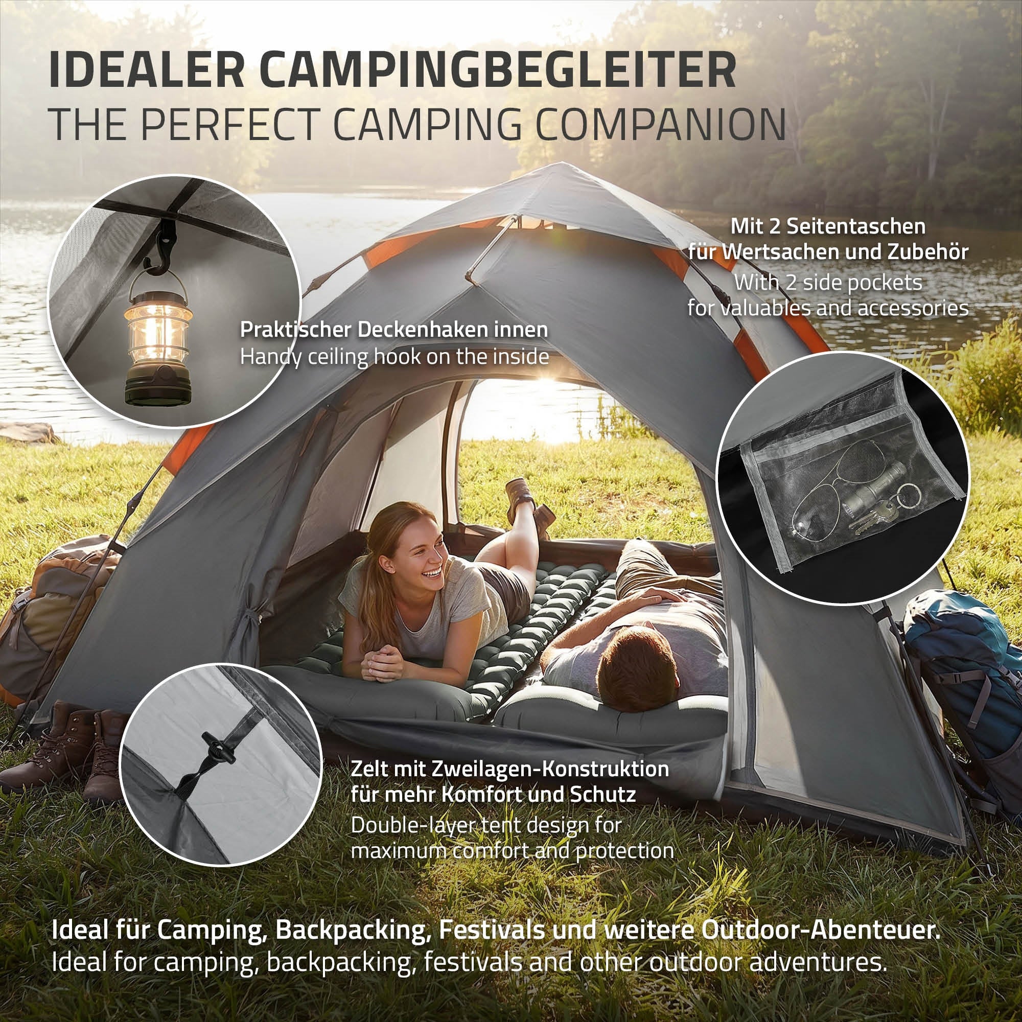 ECD Germany Tente pop-up camping 4 personnes grise double paroi