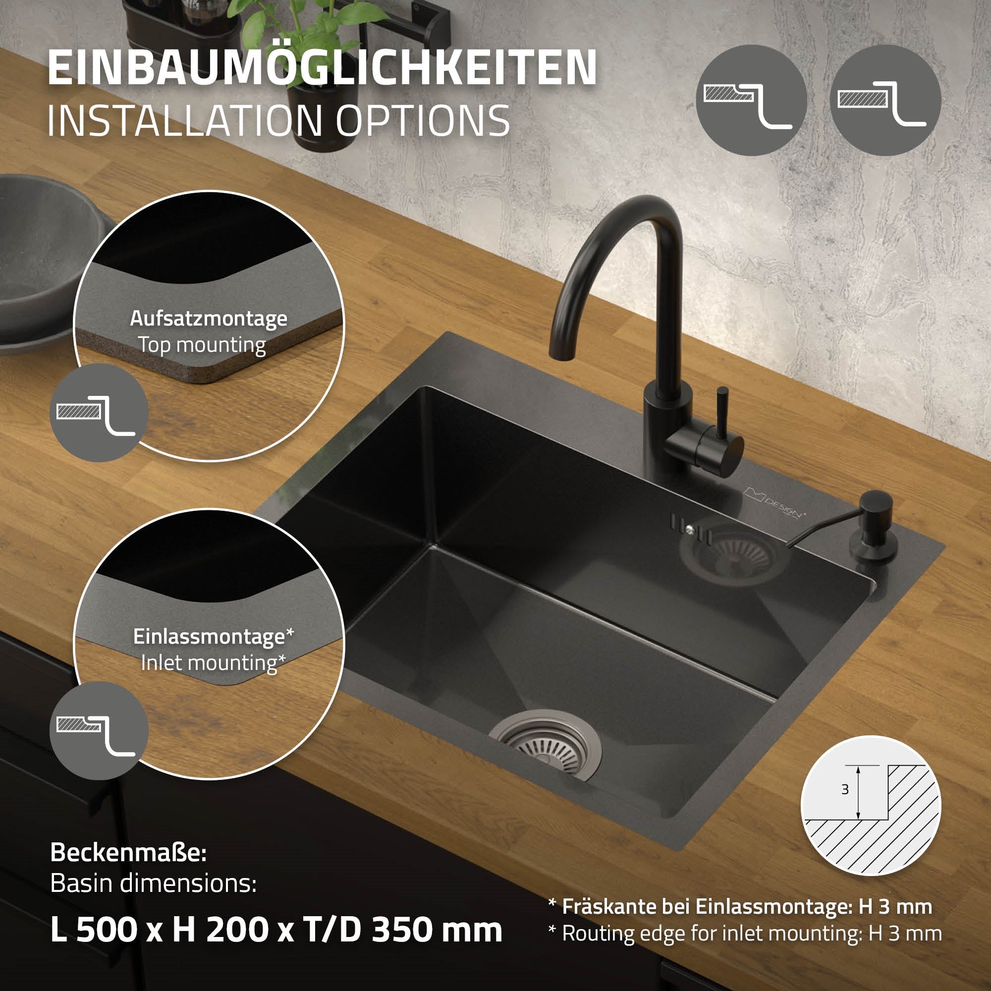 ECD Germany Sanitär évier cuisine inox anthracite 55x45 avec bonde