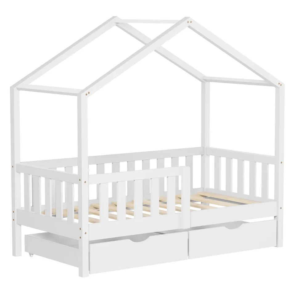 ECD Germany Kinder Lit cabane 70x140 blanc pin 2 tiroirs sans matelas