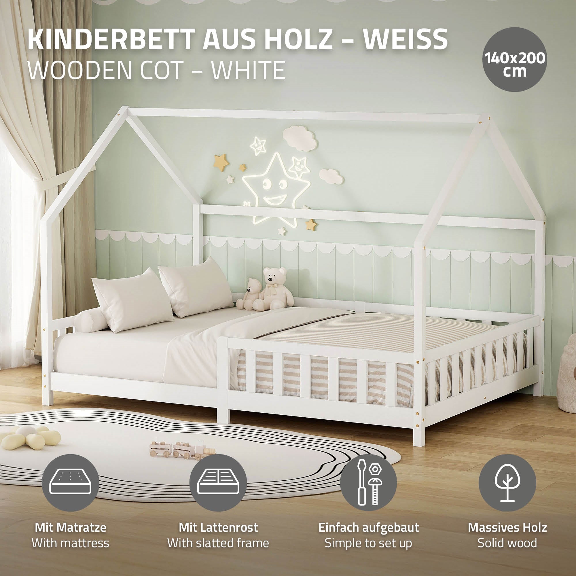 ECD Kinder Hausbett 140x200 lit cabane blanc + matelas