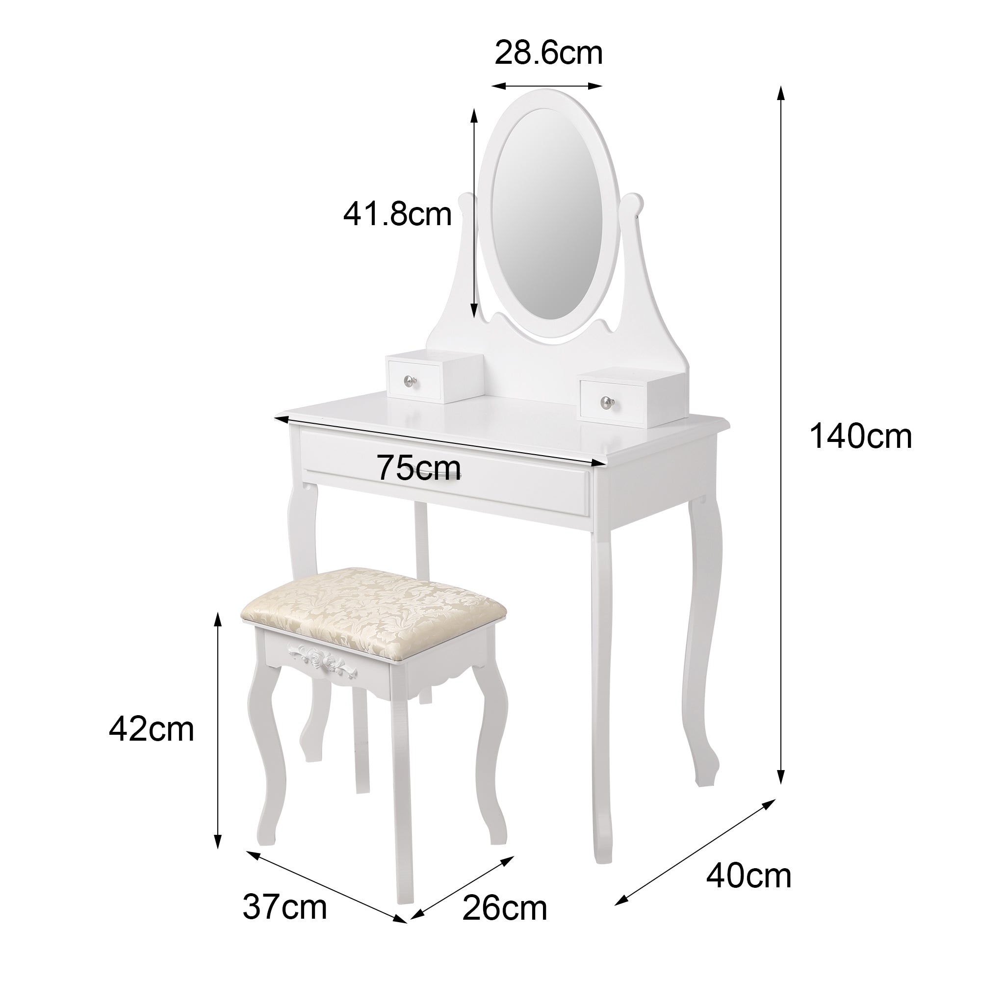 ECD Germany Möbel coiffeuse blanche 75x140x40 miroir 3 tiroirs tabouret