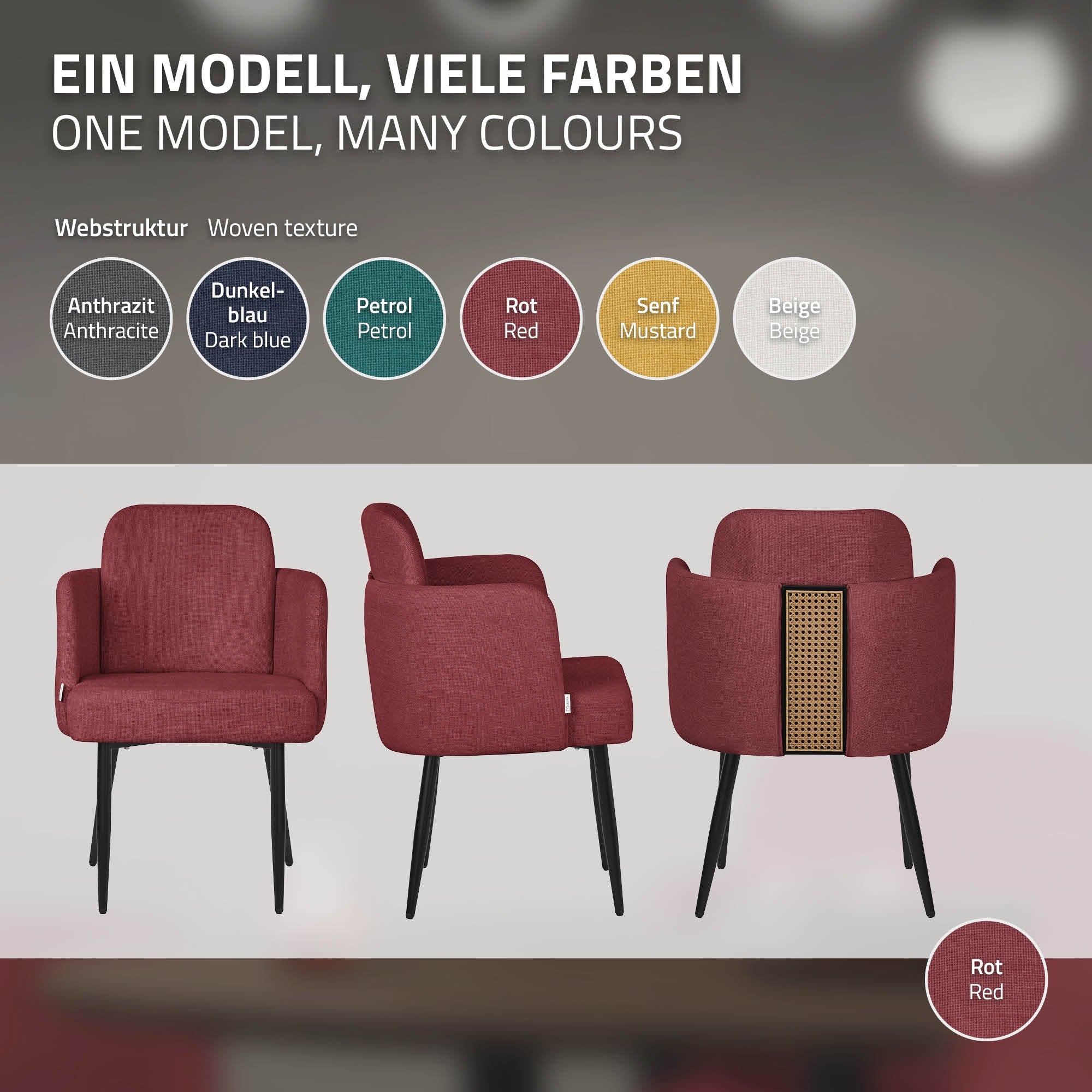 ECD Germany chaise salle à manger rouge accoudoirs pieds métal