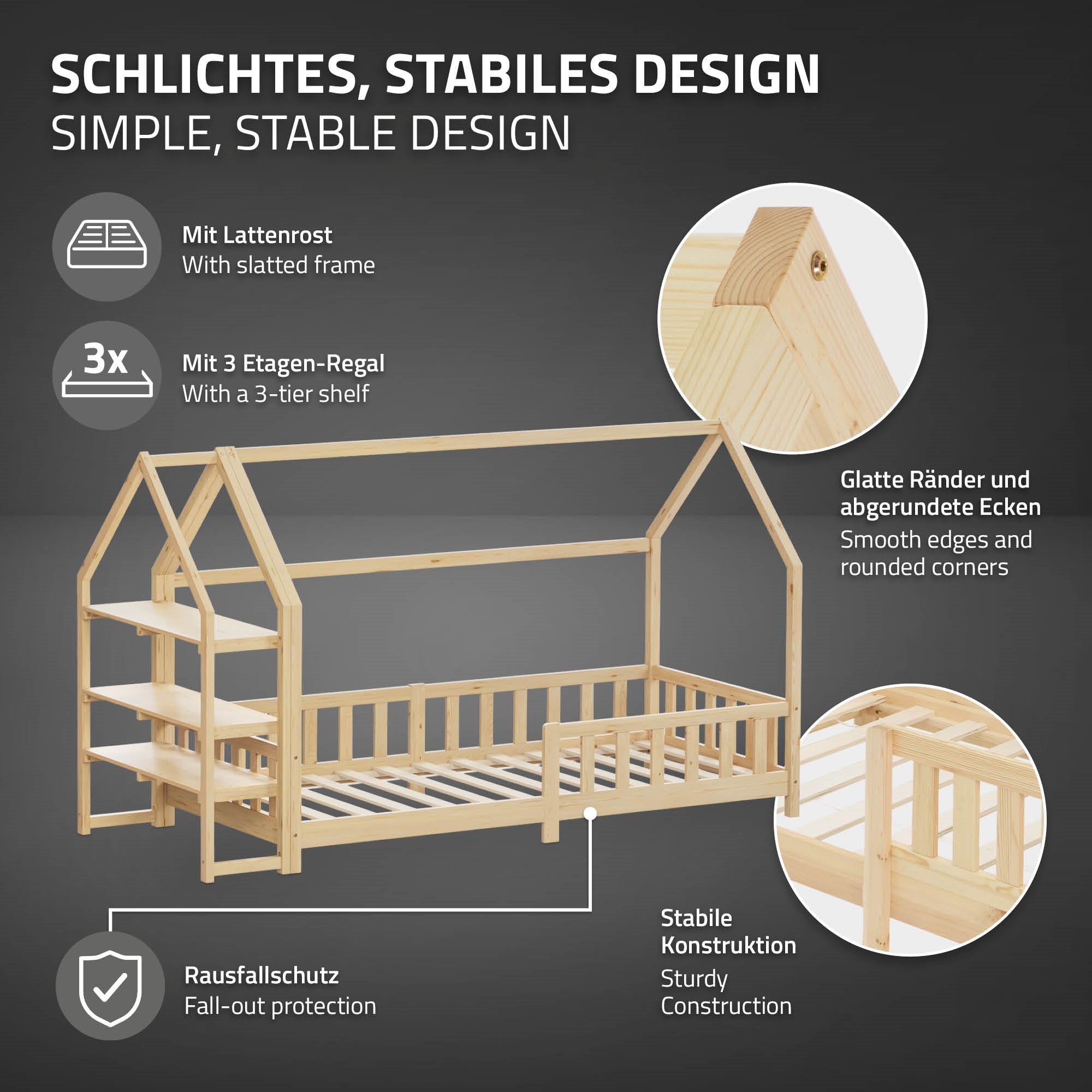 ML-Design lit cabane enfant pin 90x200 barrière étagère sommier
