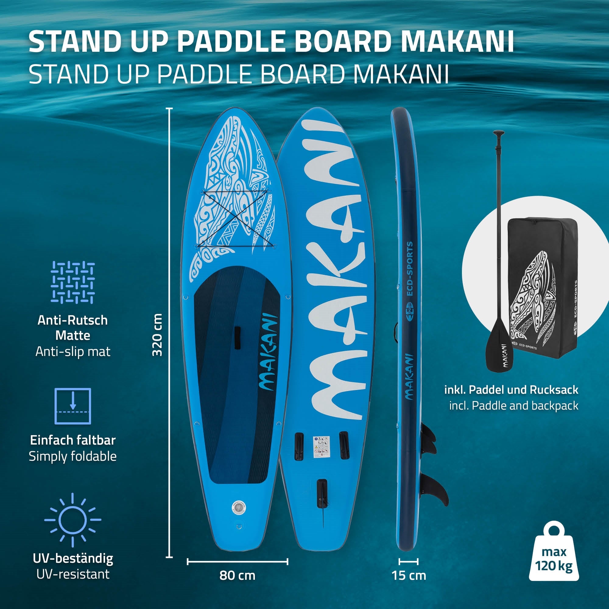 ECD Germany Makani paddle gonflable bleu 320x80 cm PVC