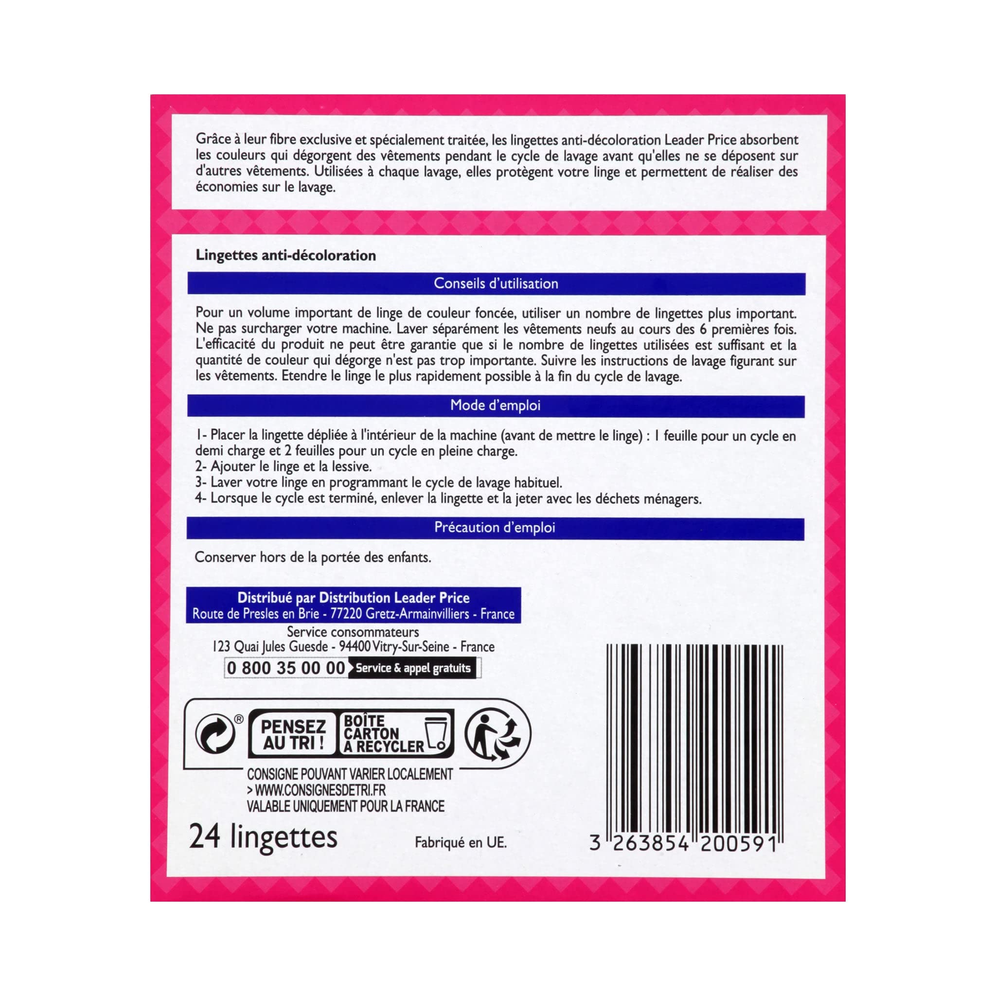 Leader Price lingettes anti-décoloration x24 lot 6 144 pièces