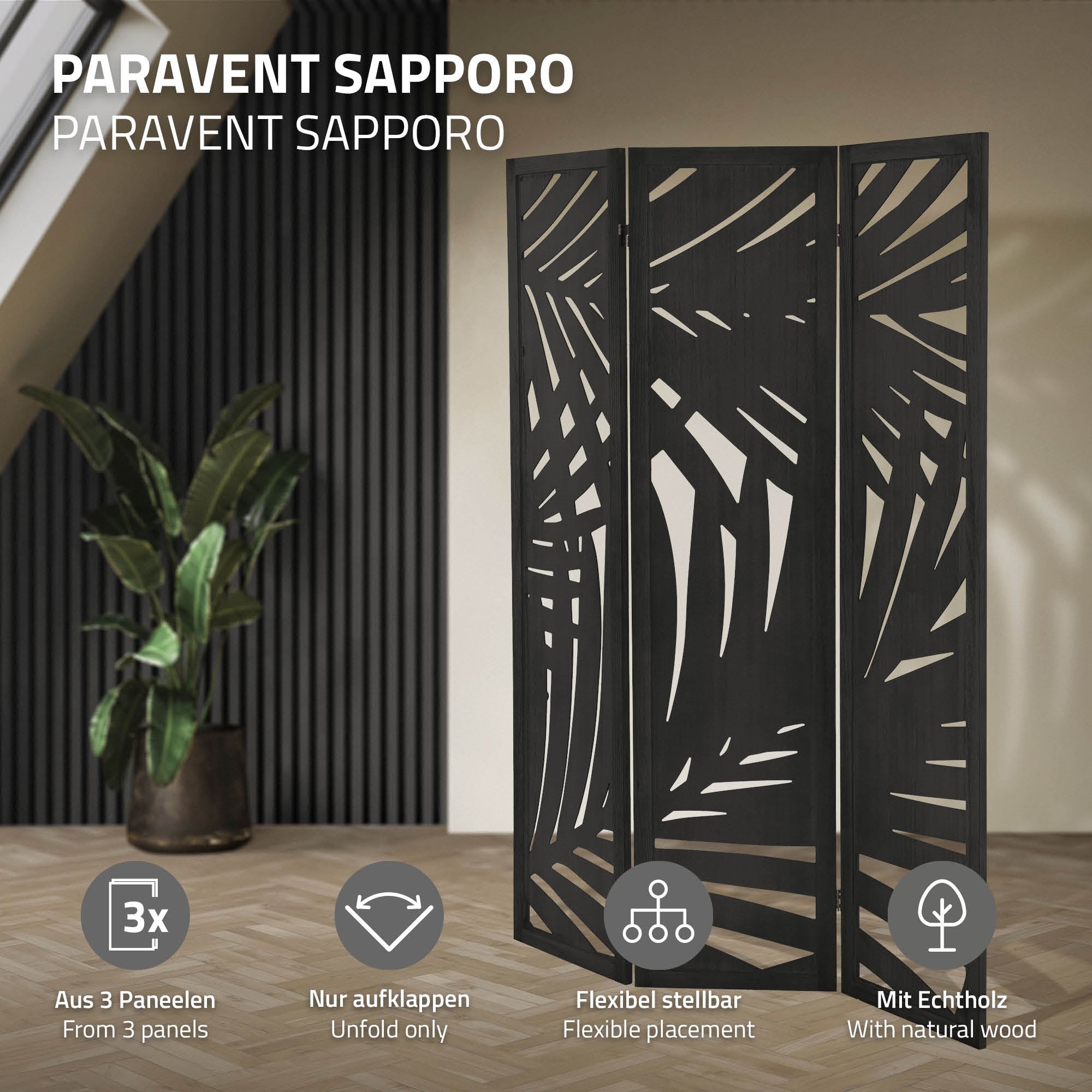 ECD Germany Sapporo paravent bois 3 volets noir 170x121 cm