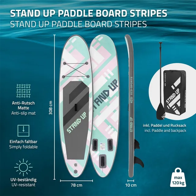 ECD Germany SUP paddle gonflable 308cm rose mint PVC + pompe