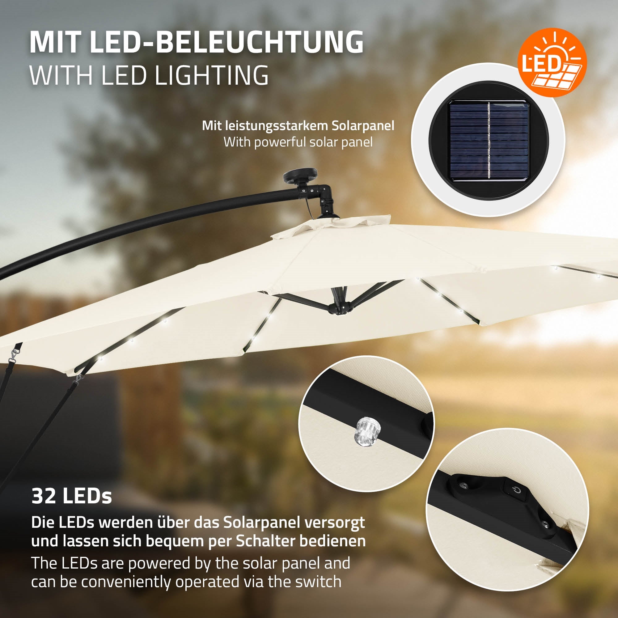 ECD Germany parasol déporté beige 300cm LED solaire ML-Design