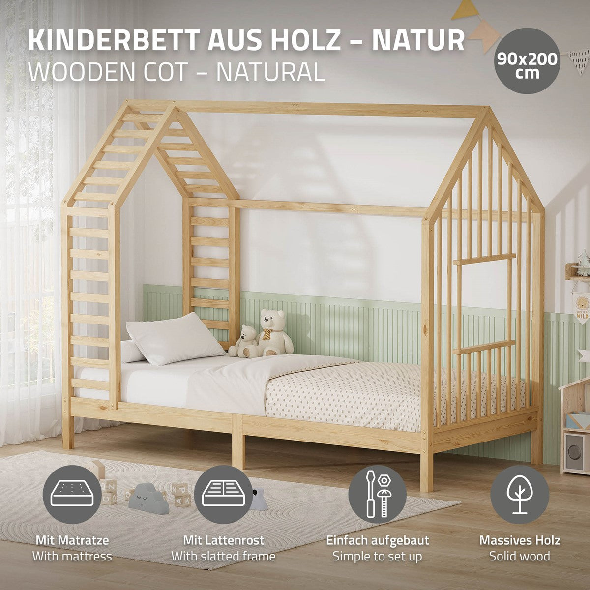ECD Germany Kinder lit cabane 90x200 naturel matelas 10cm